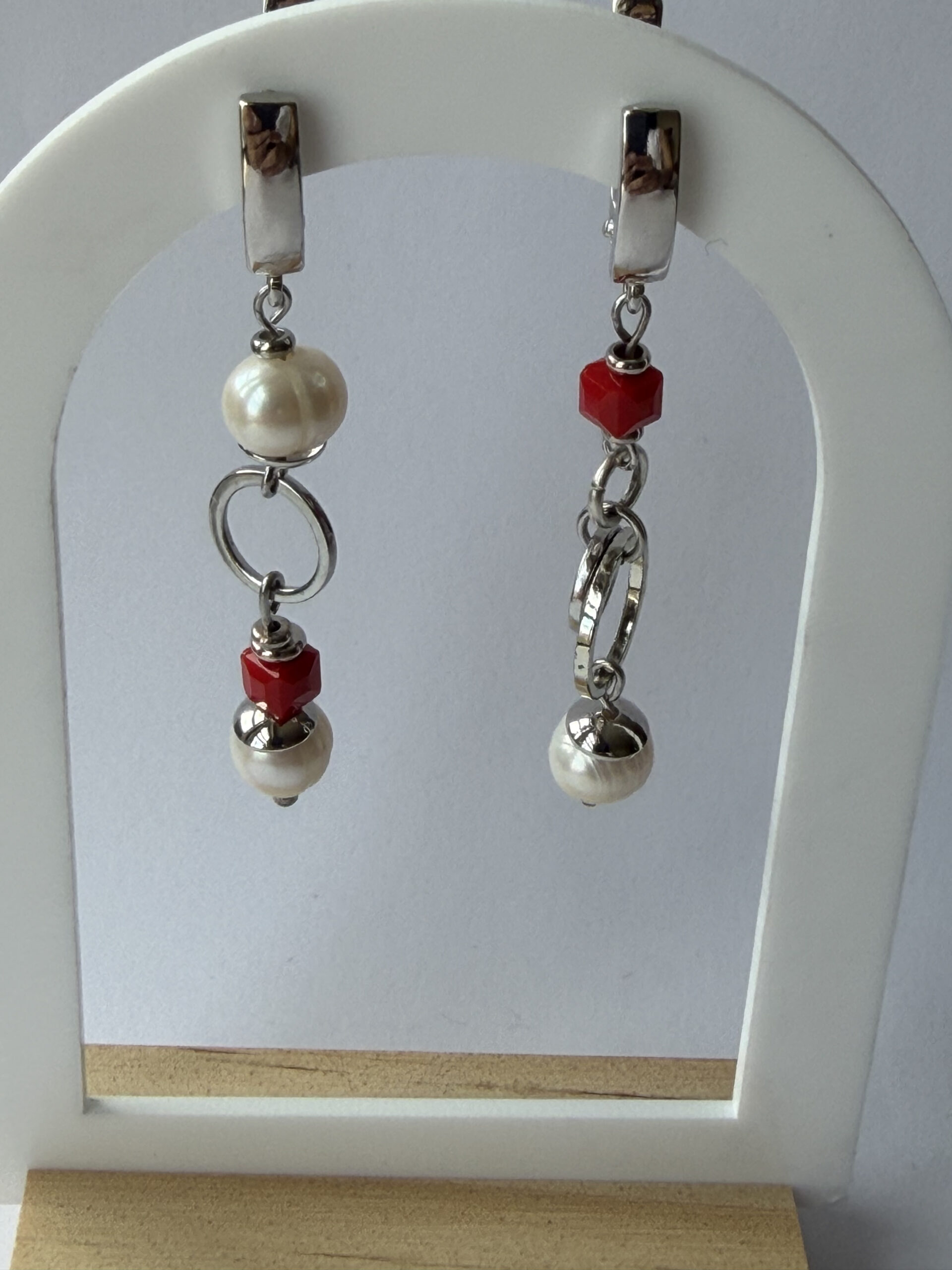 Mismatched Pearl and Red Cube Earrings – Asymmetric Silver-Tone Dangles with Open Rings — view 4