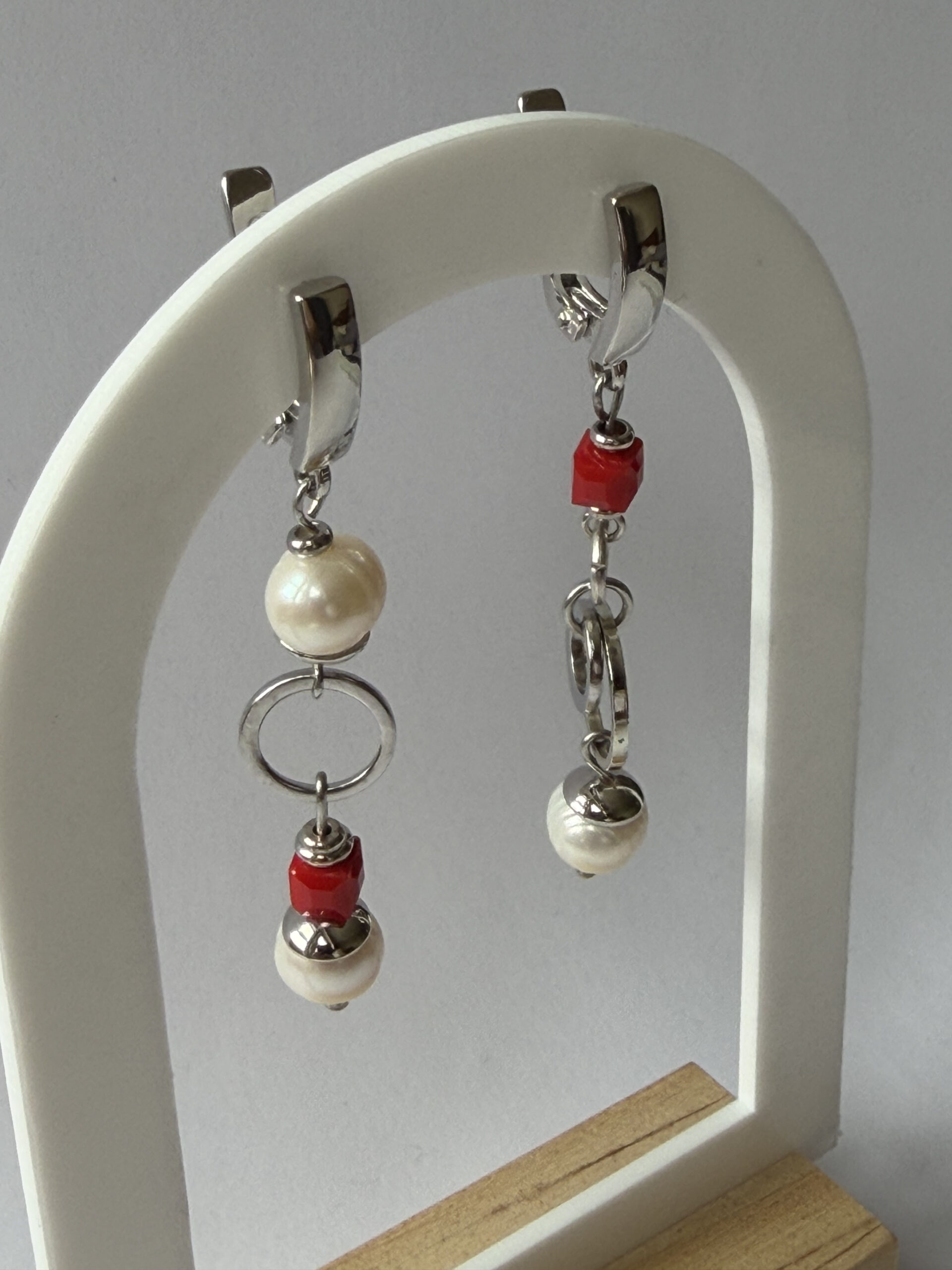 Mismatched Pearl and Red Cube Earrings – Asymmetric Silver-Tone Dangles with Open Rings — view 5