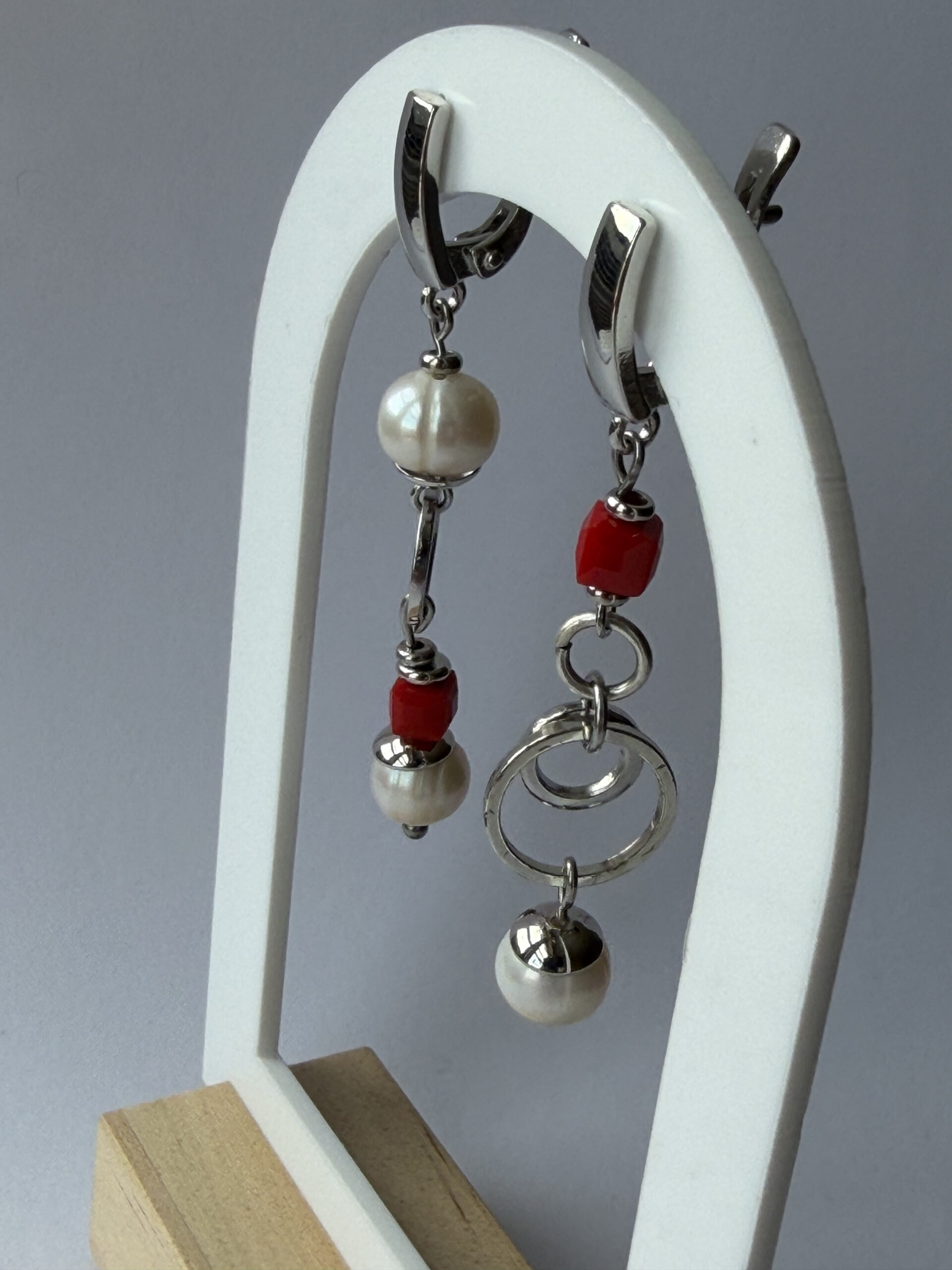 Mismatched Pearl and Red Cube Earrings – Asymmetric Silver-Tone Dangles with Open Rings — view 8