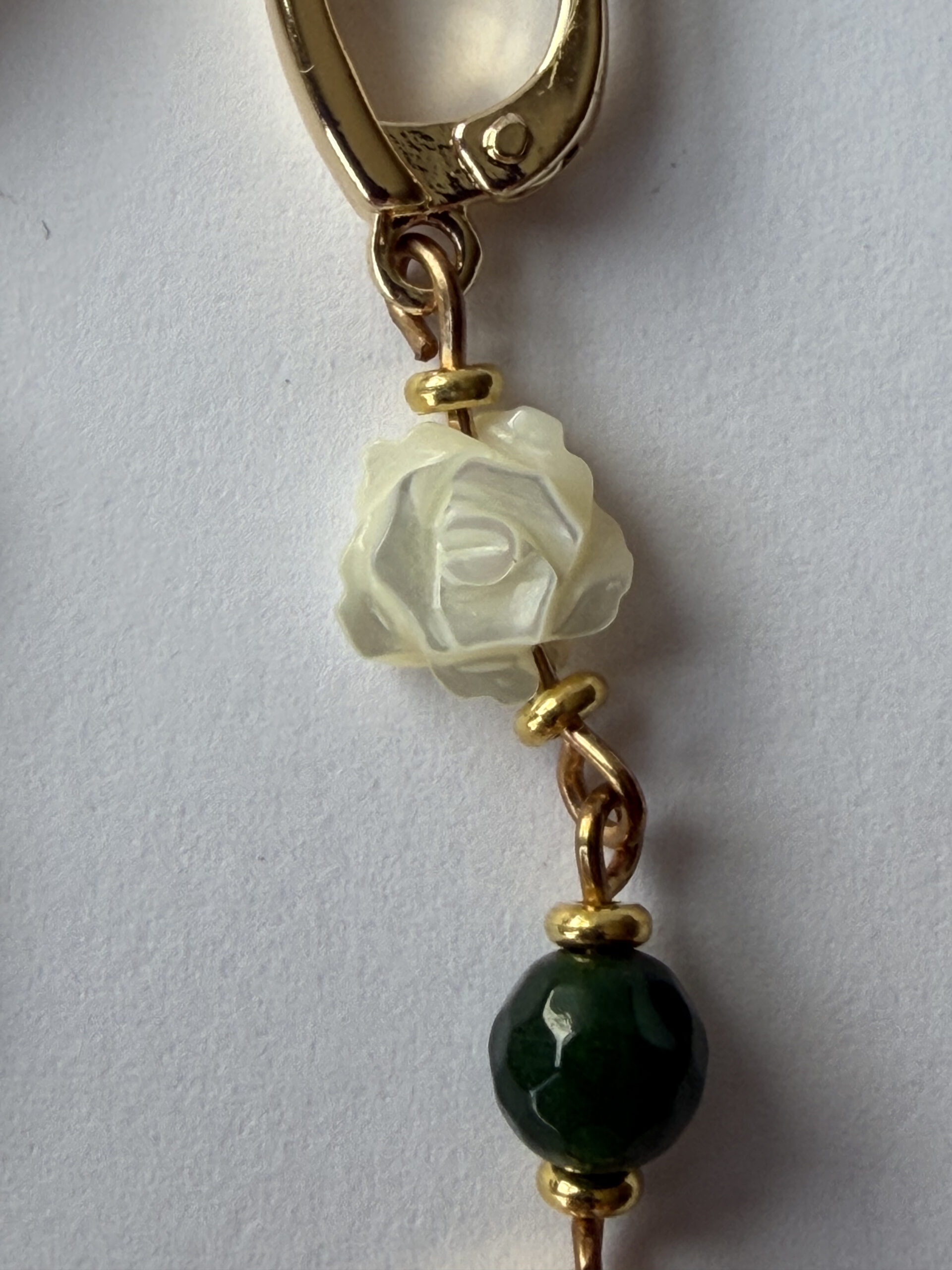 Mother of Pearl Rose Earrings – Long Gold-Tone Dangles, Green Bead, Ivory Drop — view 1
