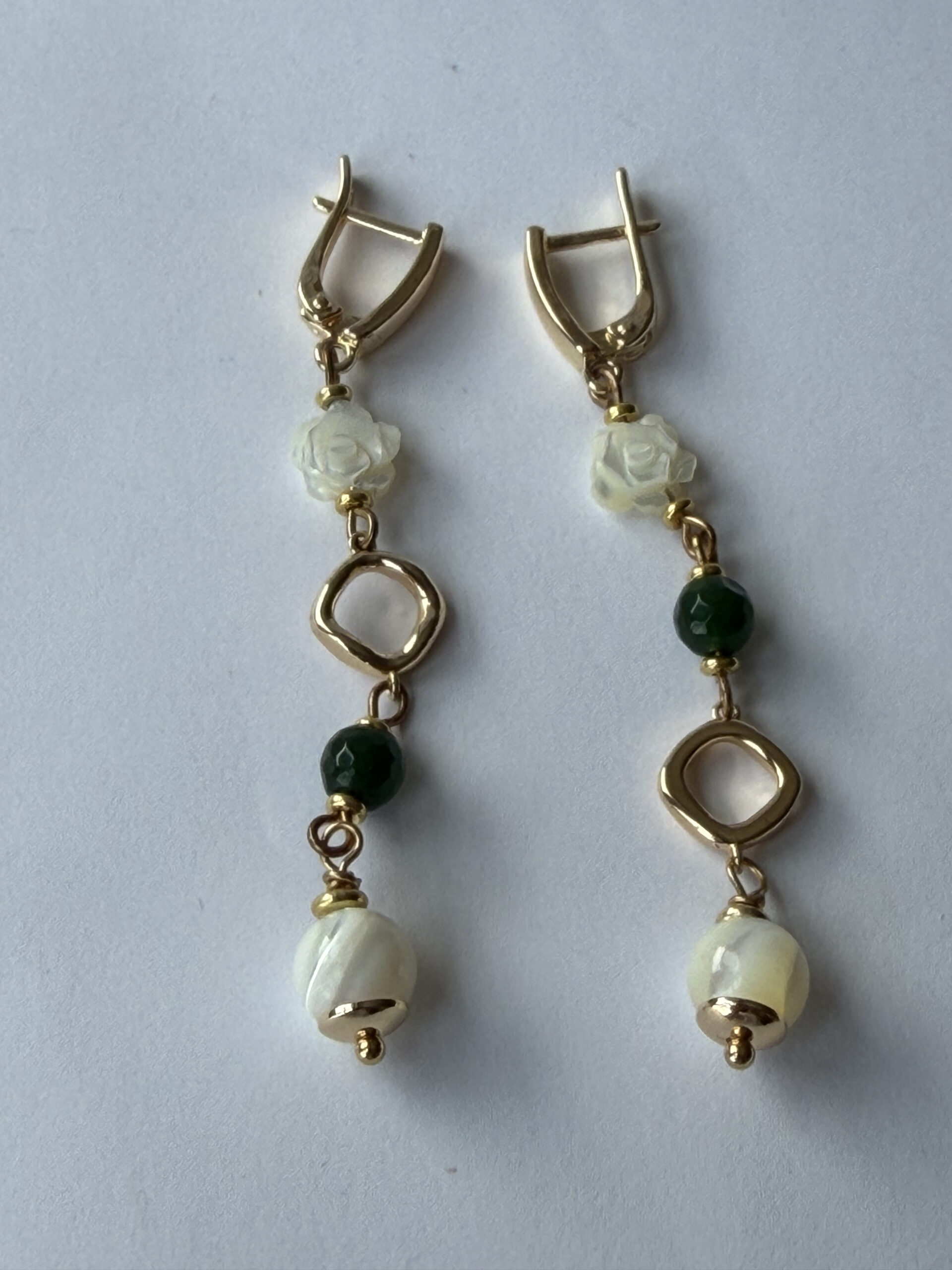 Mother of Pearl Rose Earrings – Long Gold-Tone Dangles, Green Bead, Ivory Drop — view 2