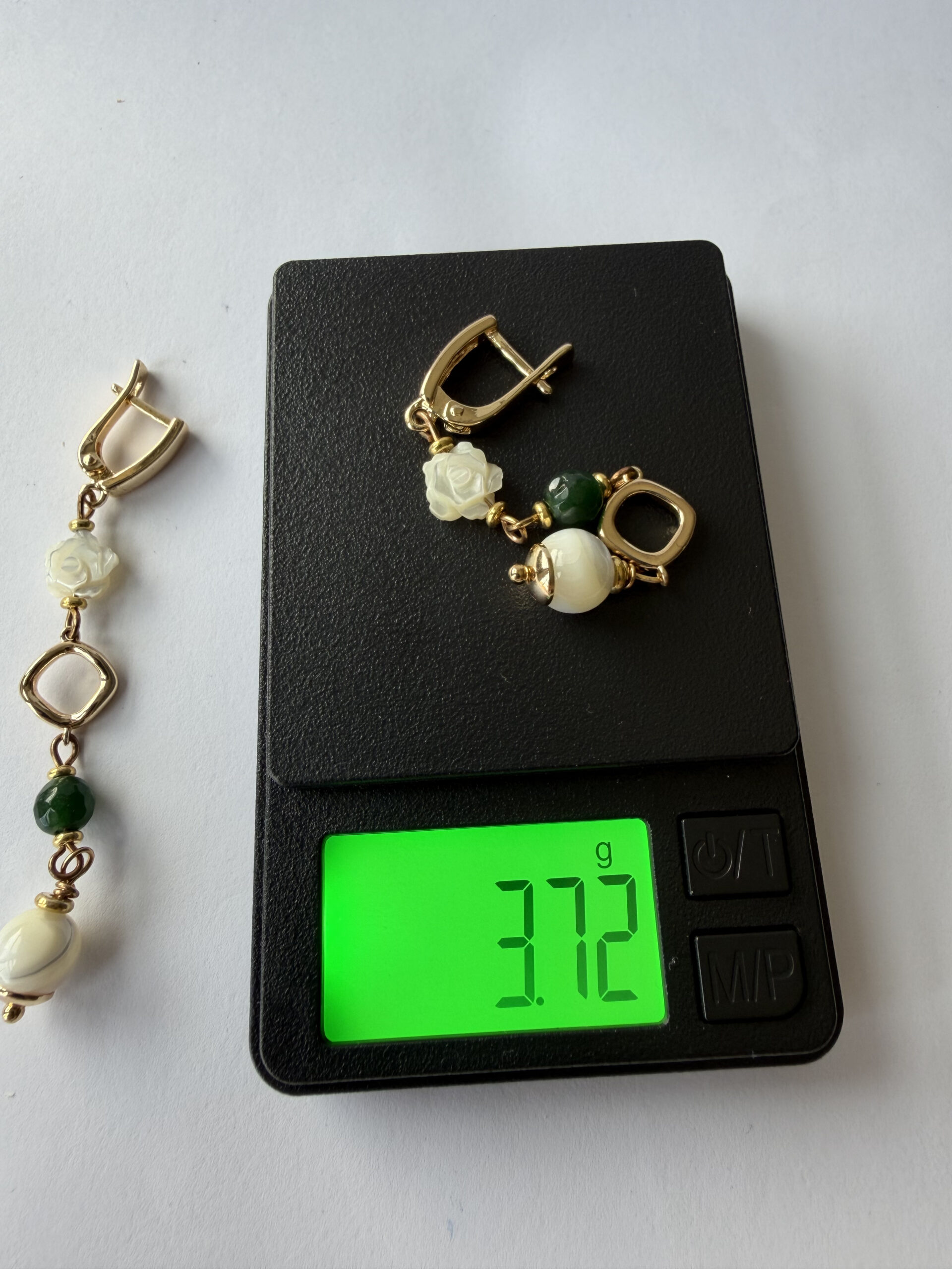 Mother of Pearl Rose Earrings – Long Gold-Tone Dangles, Green Bead, Ivory Drop — view 3