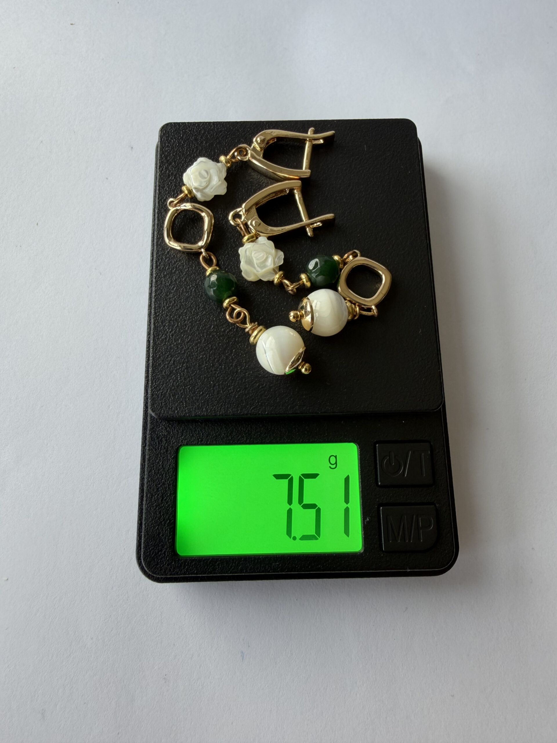 Mother of Pearl Rose Earrings – Long Gold-Tone Dangles, Green Bead, Ivory Drop — view 4