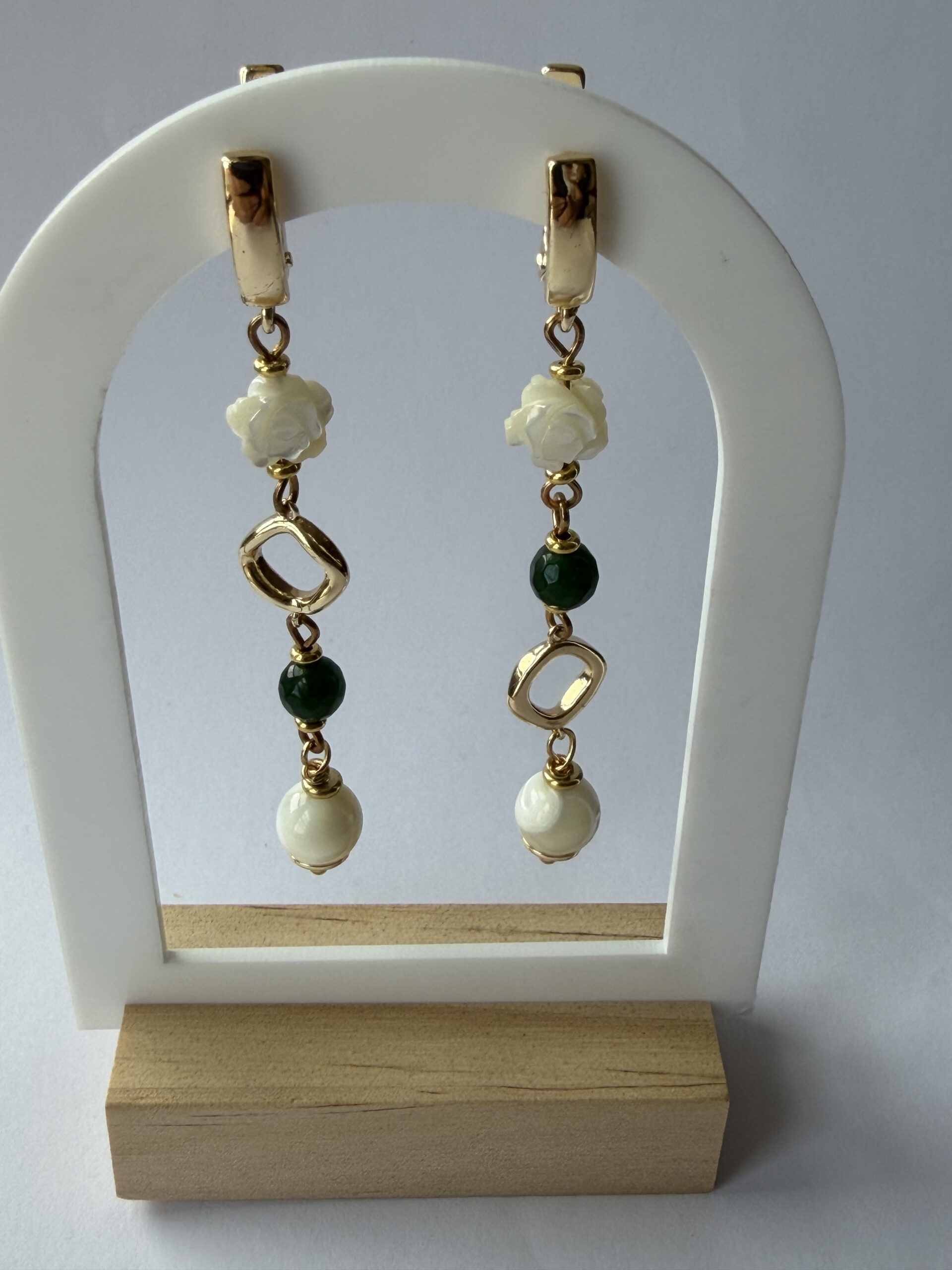 Mother of Pearl Rose Earrings – Long Gold-Tone Dangles, Green Bead, Ivory Drop — view 5