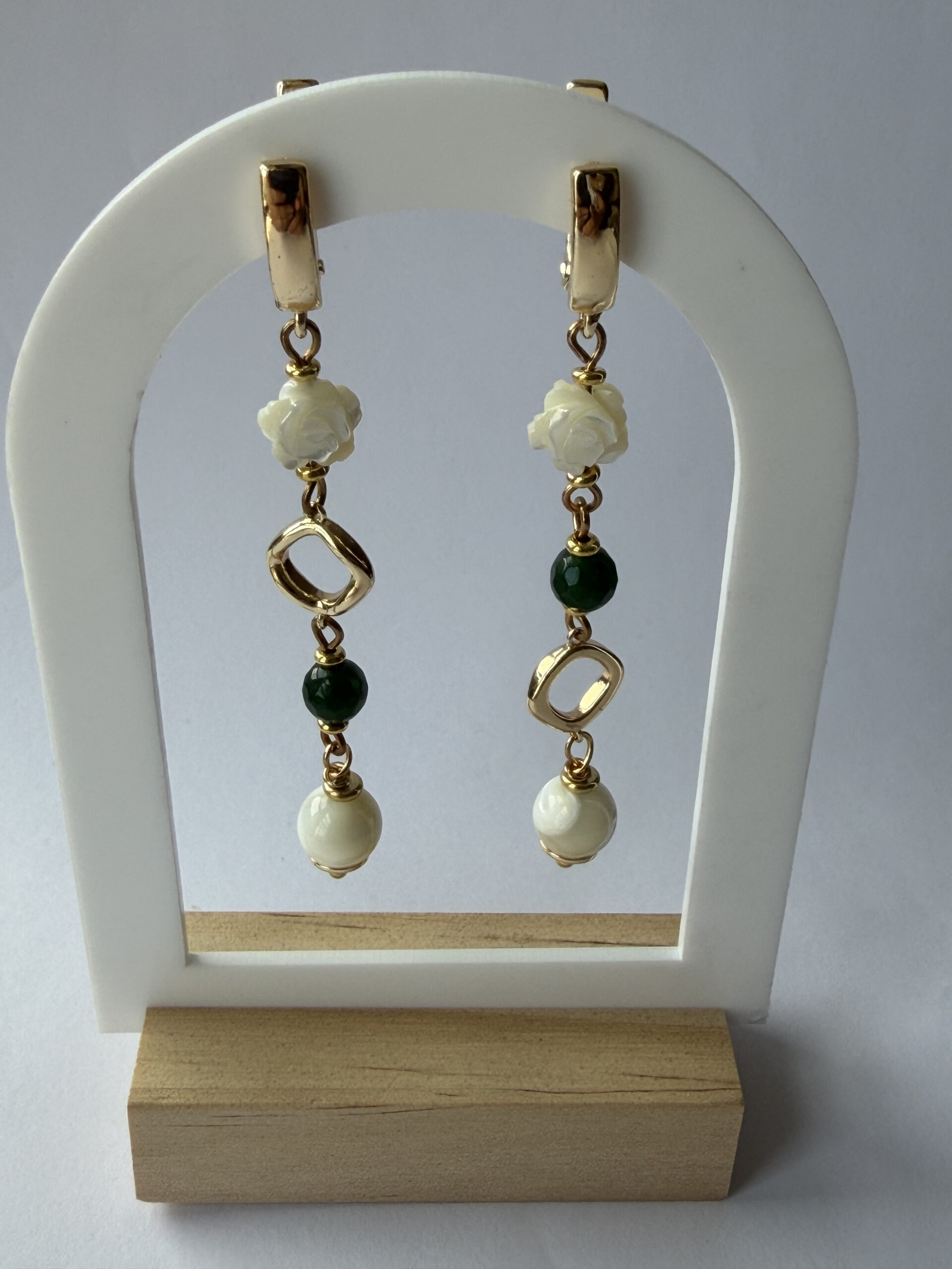 Mother of Pearl Rose Earrings – Long Gold-Tone Dangles, Green Bead, Ivory Drop — view 6