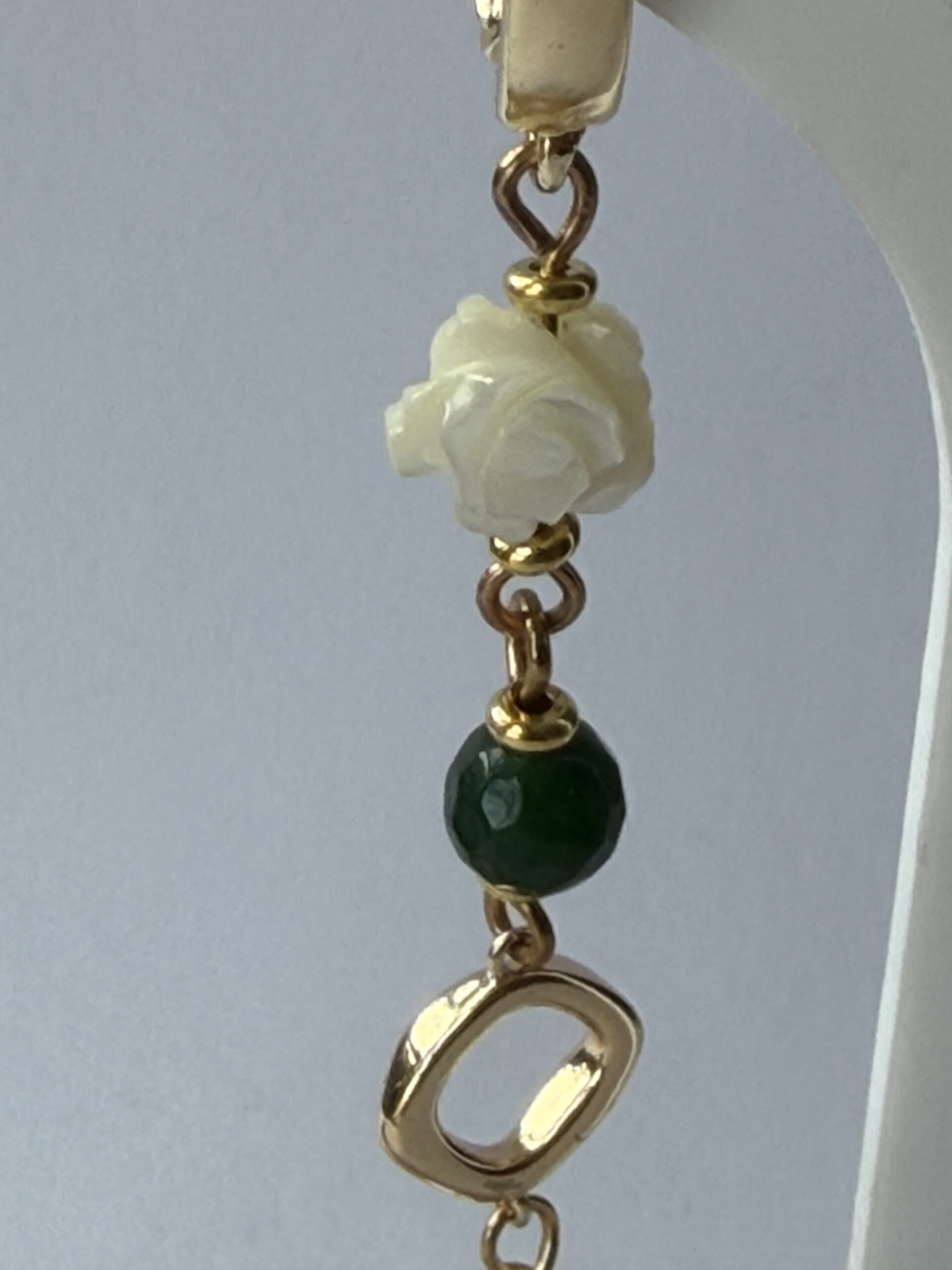 Mother of Pearl Rose Earrings – Long Gold-Tone Dangles, Green Bead, Ivory Drop — view 7
