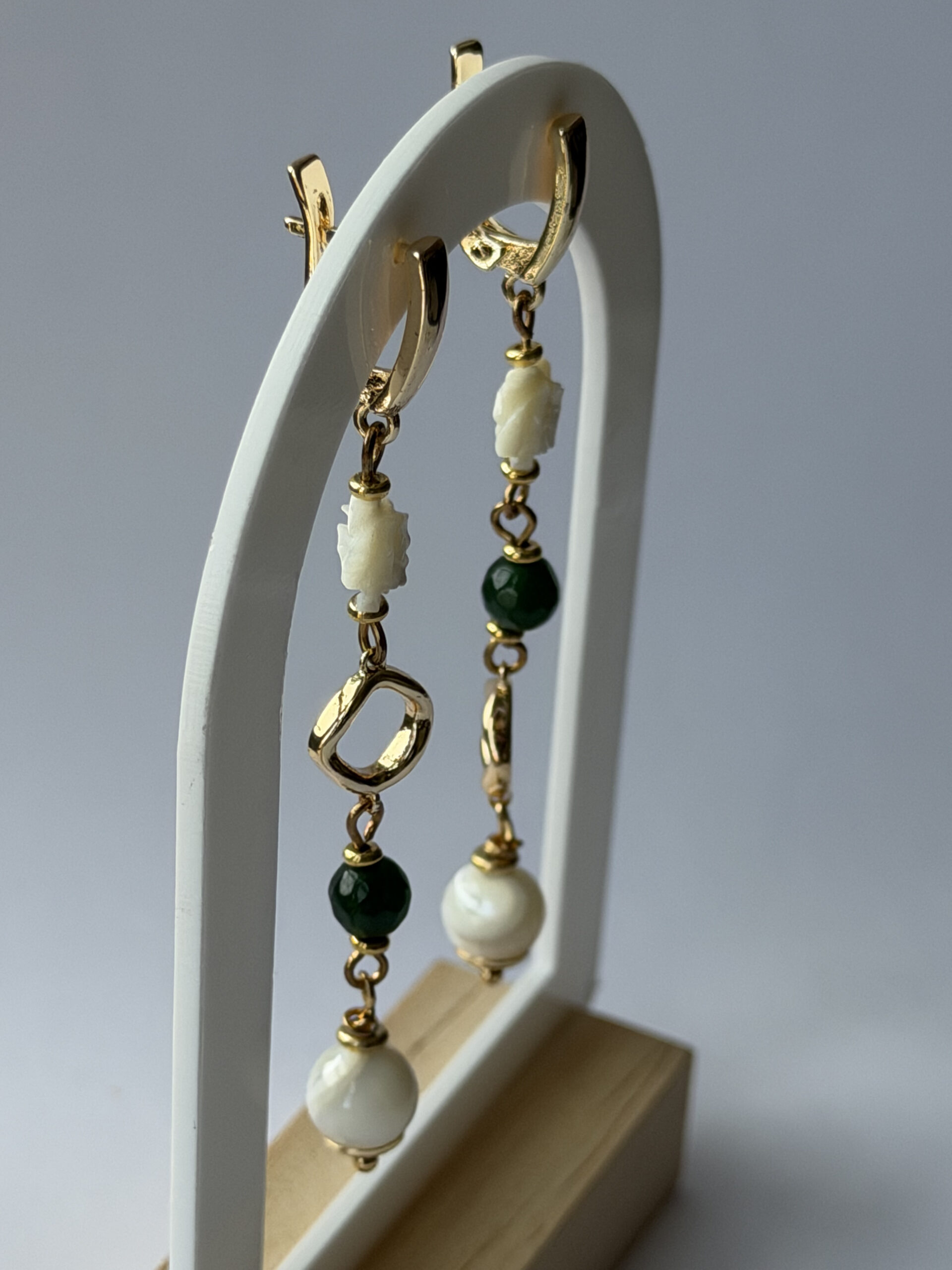Mother of Pearl Rose Earrings – Long Gold-Tone Dangles, Green Bead, Ivory Drop — view 8