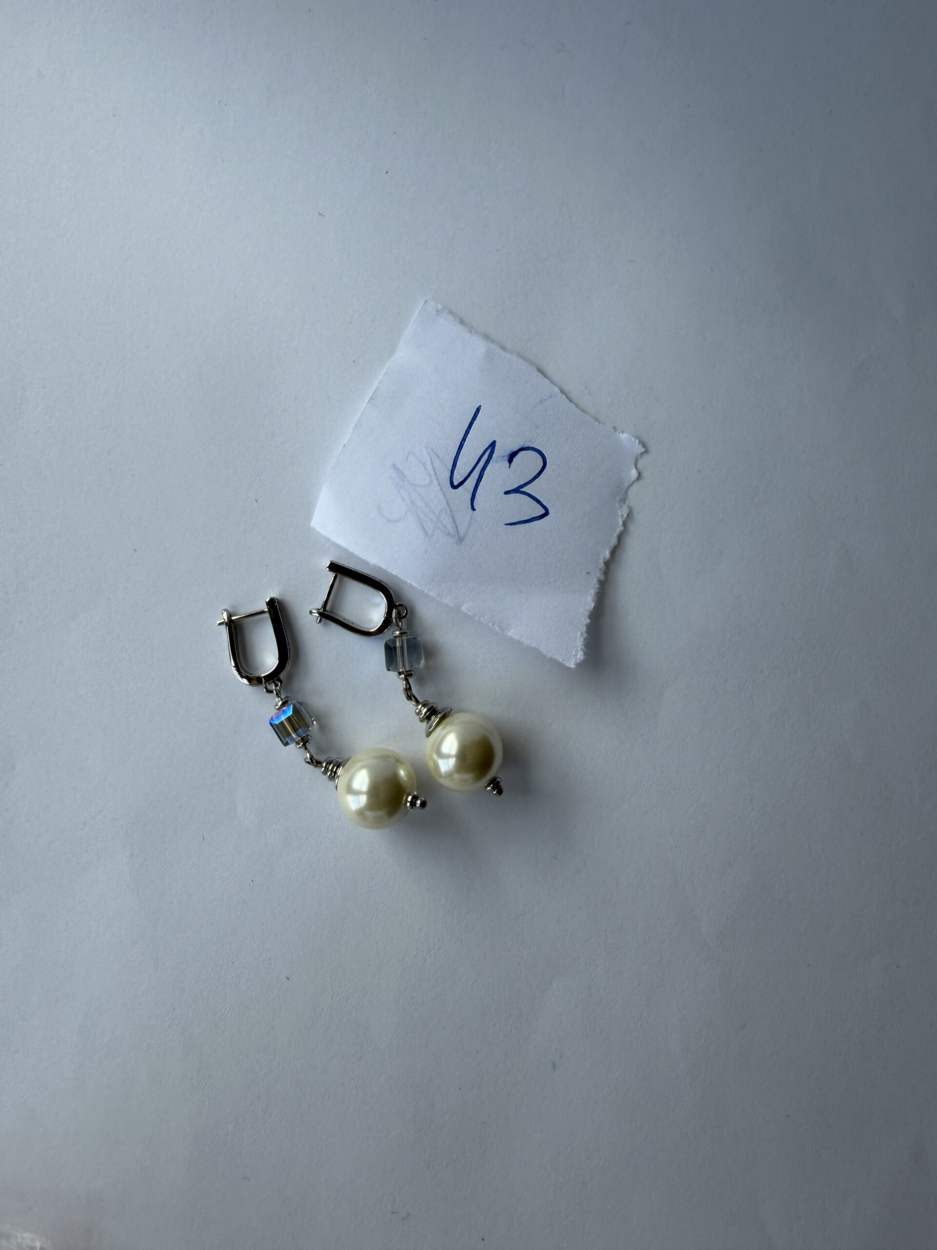 Pearl and Crystal Cube Drop Earrings – Silver-Tone Pavé Tops, Ice Blue Cube — view 1