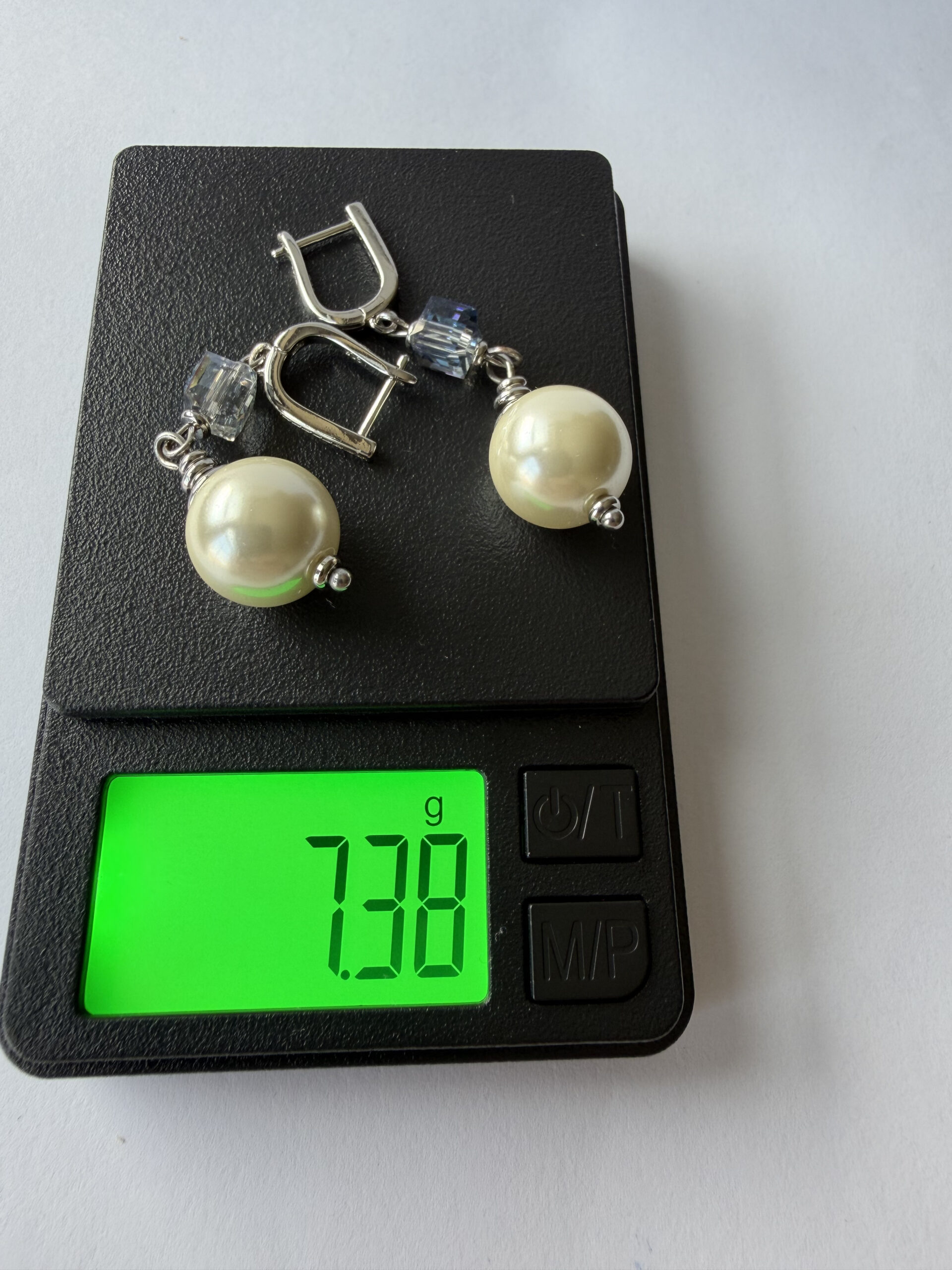 Pearl and Crystal Cube Drop Earrings – Silver-Tone Pavé Tops, Ice Blue Cube — view 3