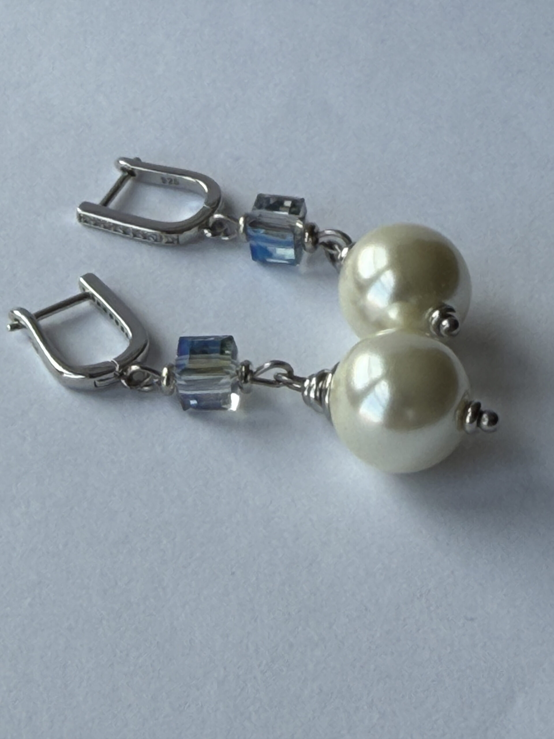 Pearl and Crystal Cube Drop Earrings – Silver-Tone Pavé Tops, Ice Blue Cube — view 4