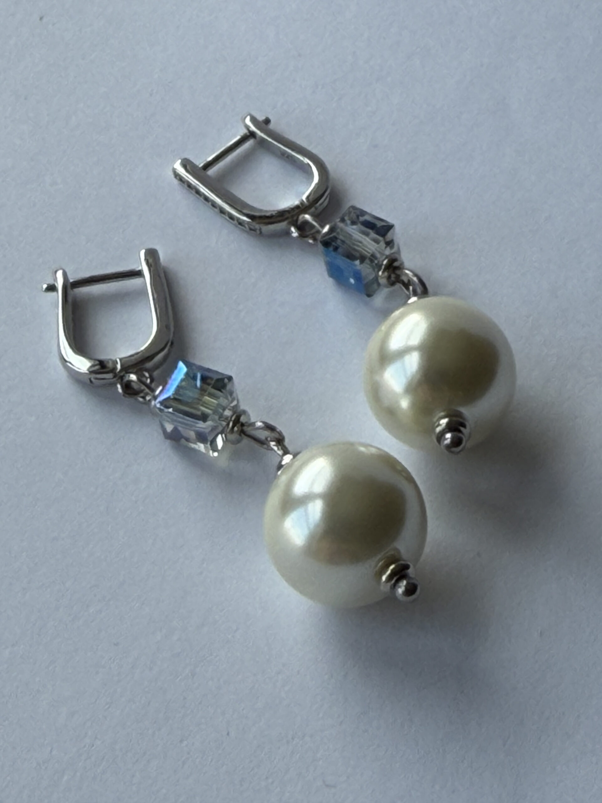 Pearl and Crystal Cube Drop Earrings – Silver-Tone Pavé Tops, Ice Blue Cube — view 5