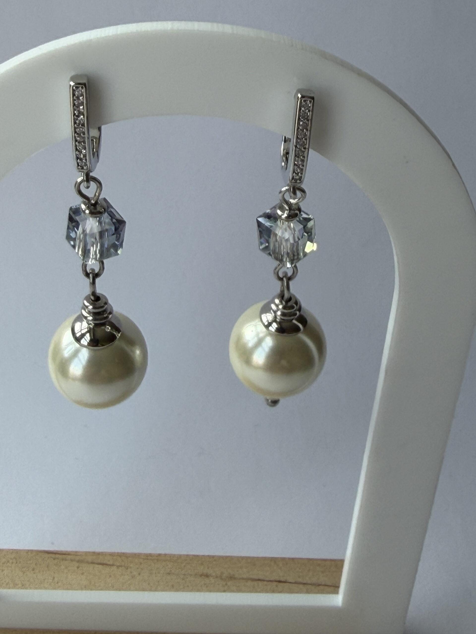 Pearl and Crystal Cube Drop Earrings – Silver-Tone Pavé Tops, Ice Blue Cube — view 6
