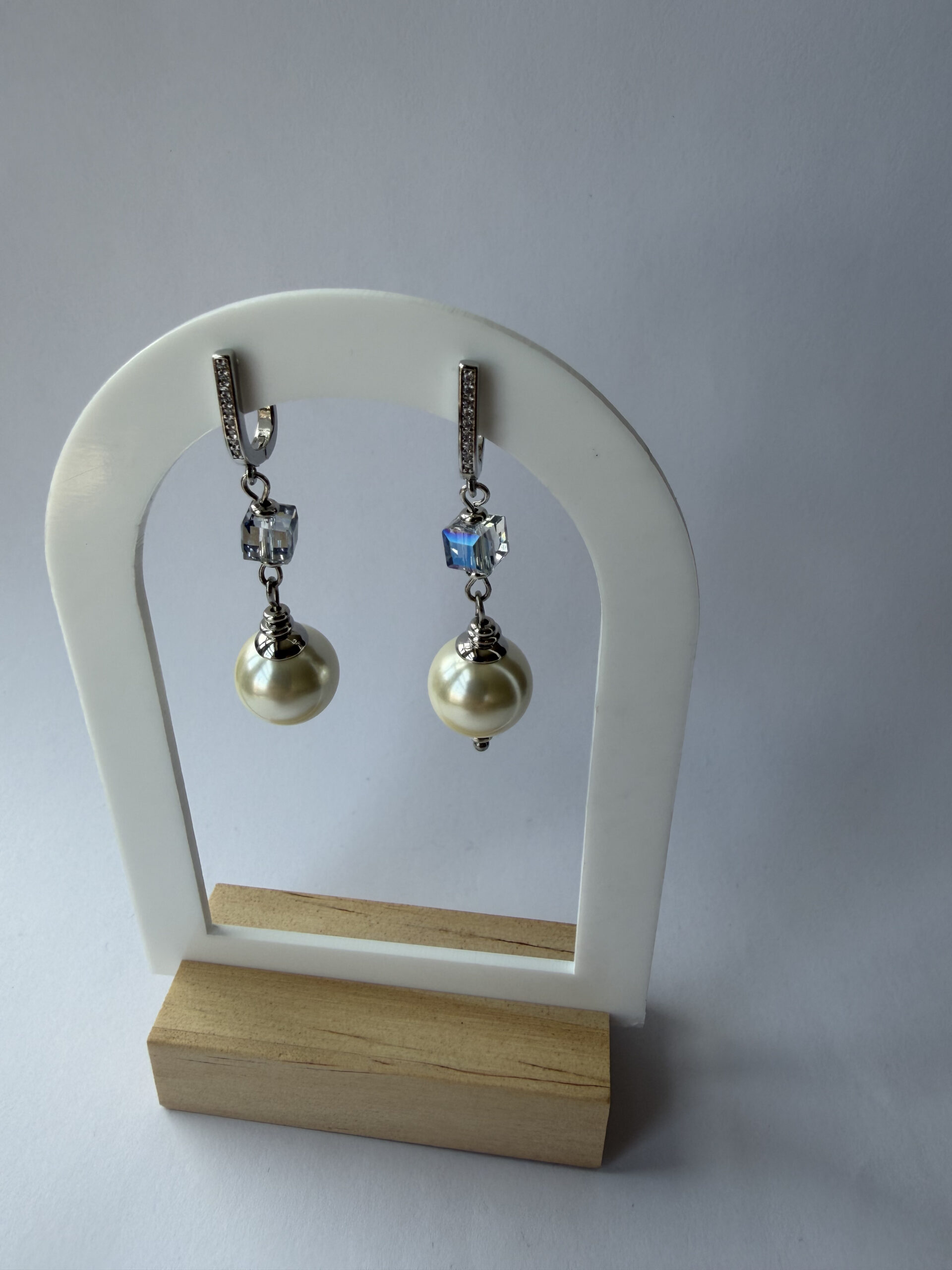 Pearl and Crystal Cube Drop Earrings – Silver-Tone Pavé Tops, Ice Blue Cube — view 7