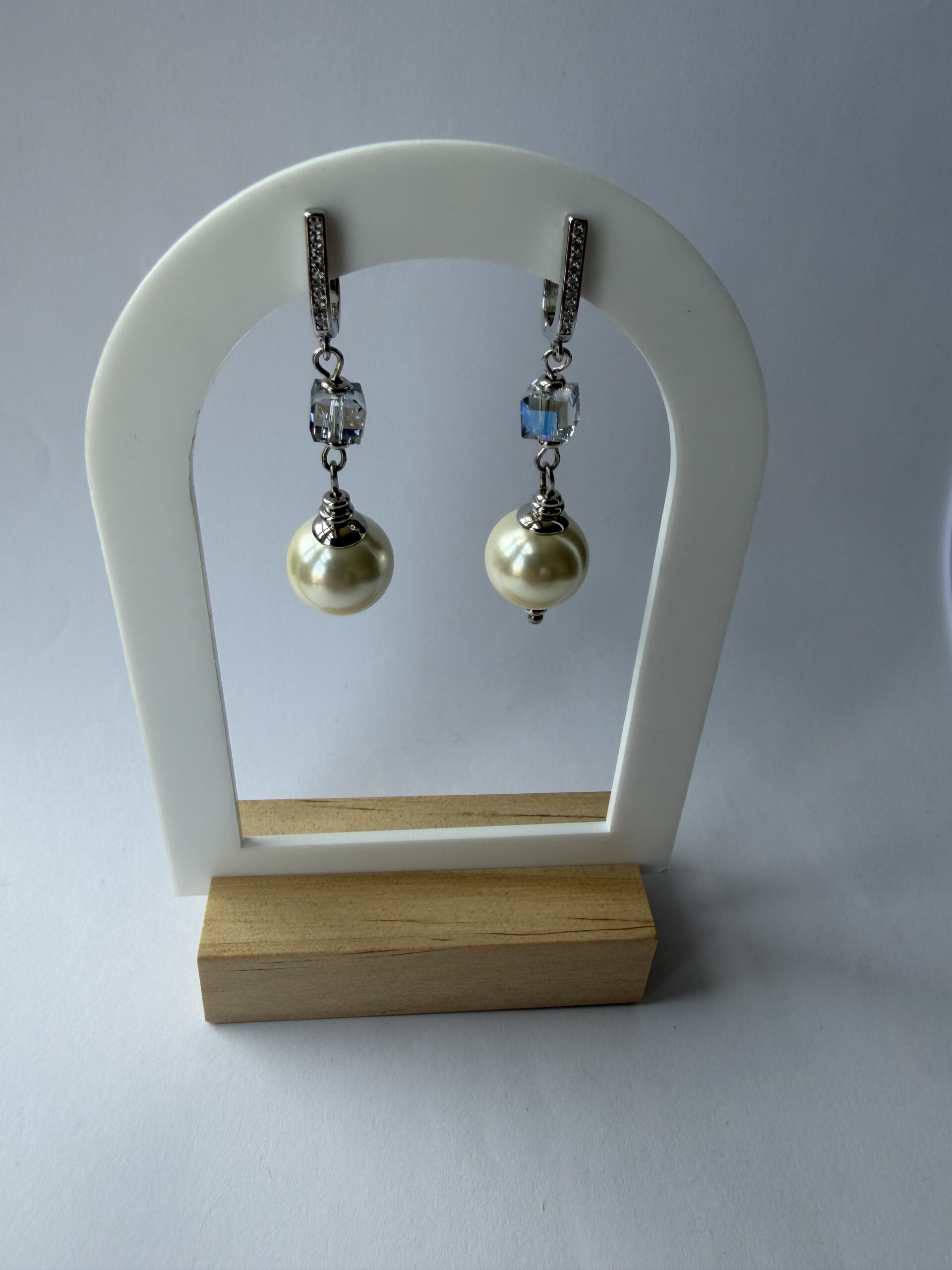 Pearl and Crystal Cube Drop Earrings – Silver-Tone Pavé Tops, Ice Blue Cube — view 8