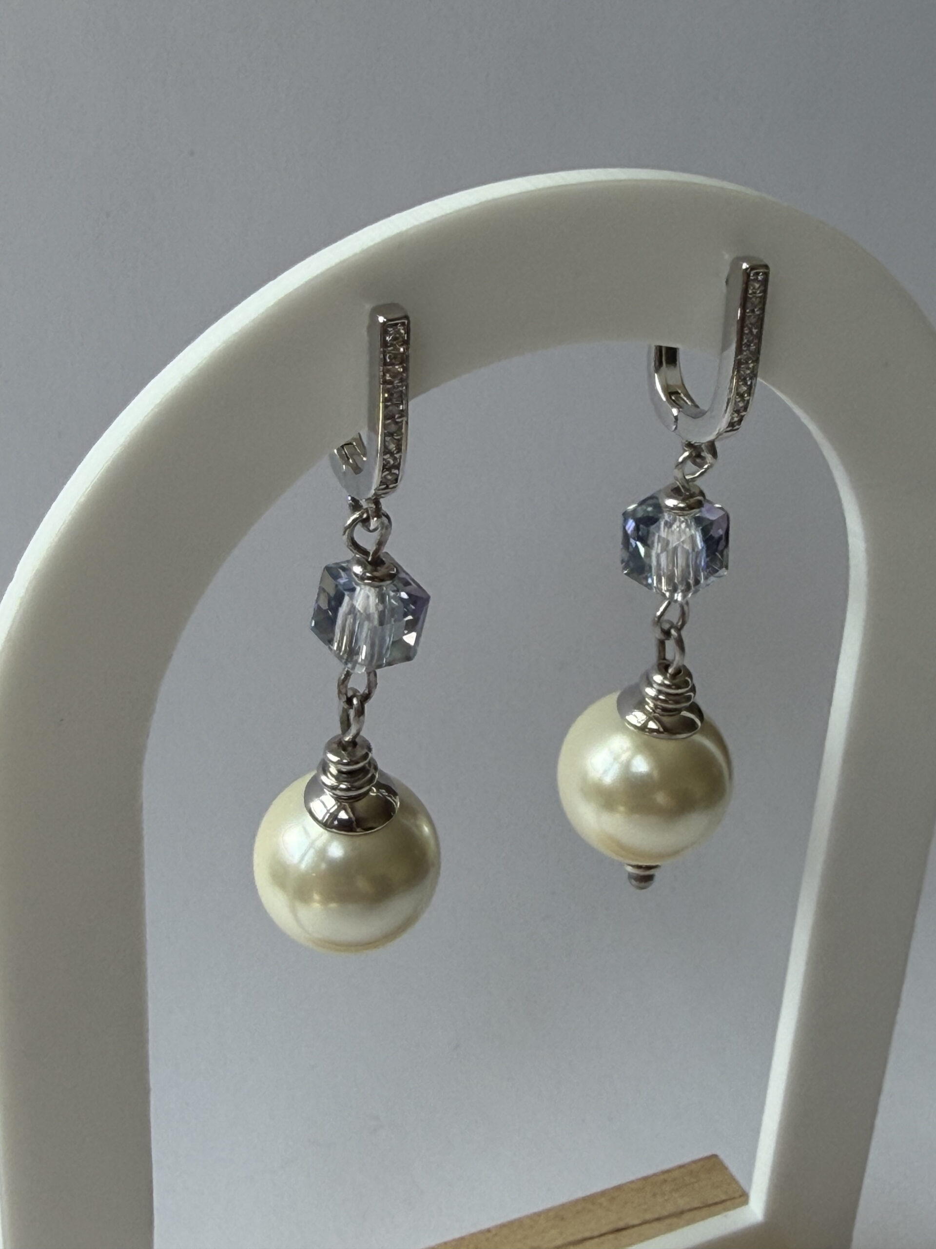 Pearl and Crystal Cube Drop Earrings – Silver-Tone Pavé Tops, Ice Blue Cube — view 9