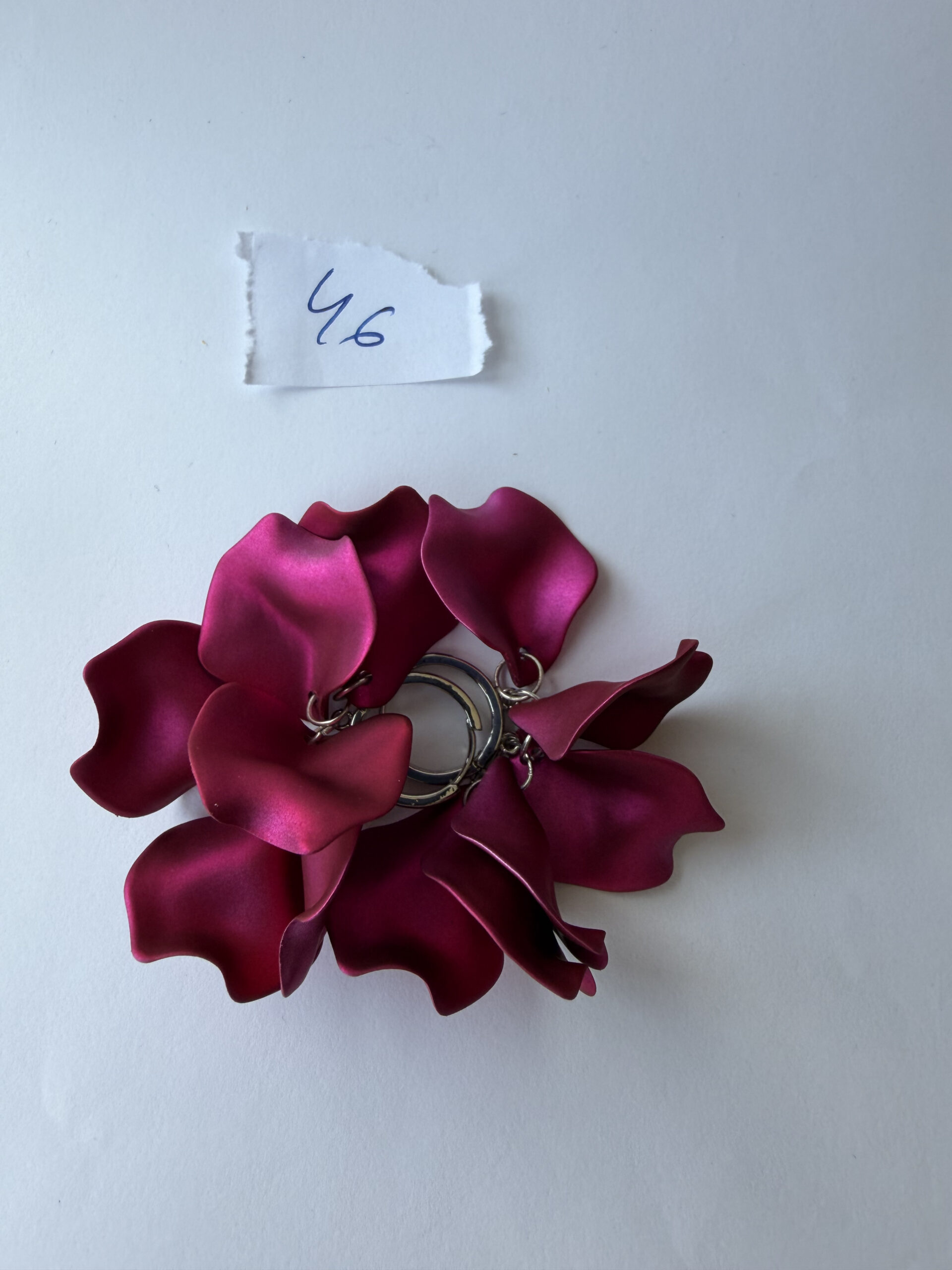 Fuchsia Petal Hoop Earrings – Satin Magenta Flower Petal Cluster on Silver-Tone Hoops — view 1