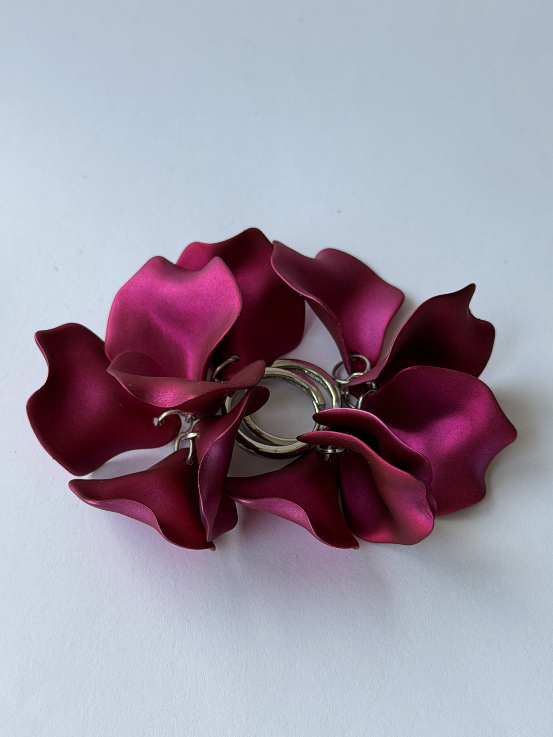 Fuchsia Petal Hoop Earrings – Satin Magenta Flower Petal Cluster on Silver-Tone Hoops — view 2