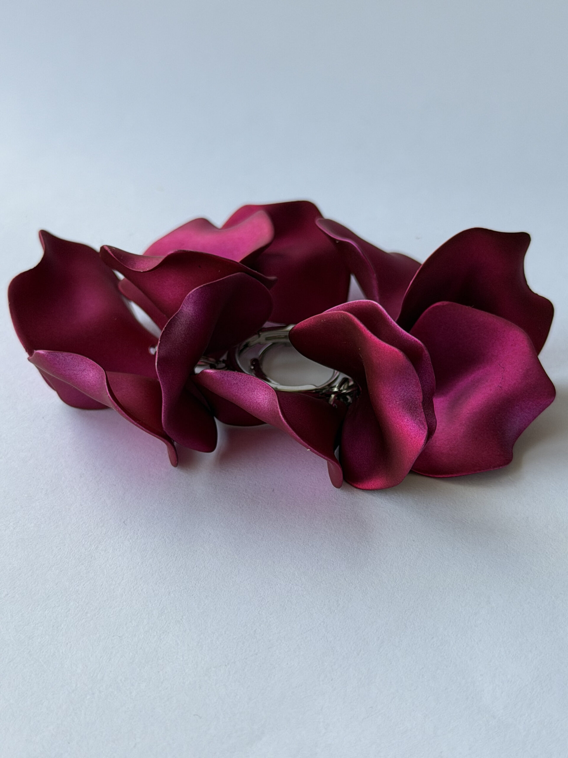 Fuchsia Petal Hoop Earrings – Satin Magenta Flower Petal Cluster on Silver-Tone Hoops — view 3