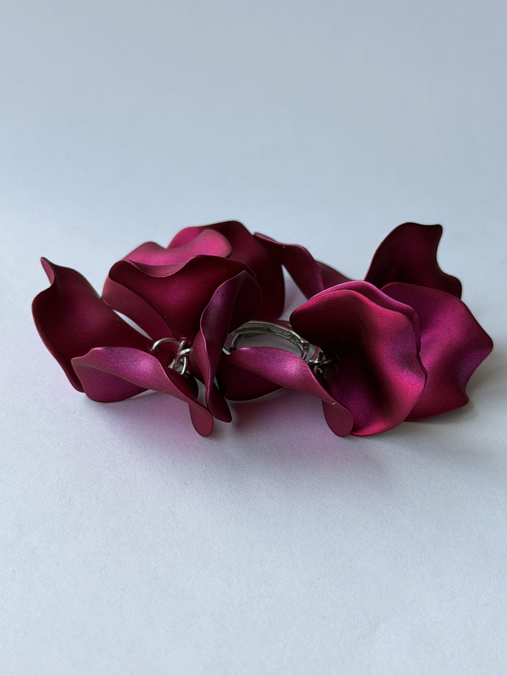 Fuchsia Petal Hoop Earrings – Satin Magenta Flower Petal Cluster on Silver-Tone Hoops — view 4