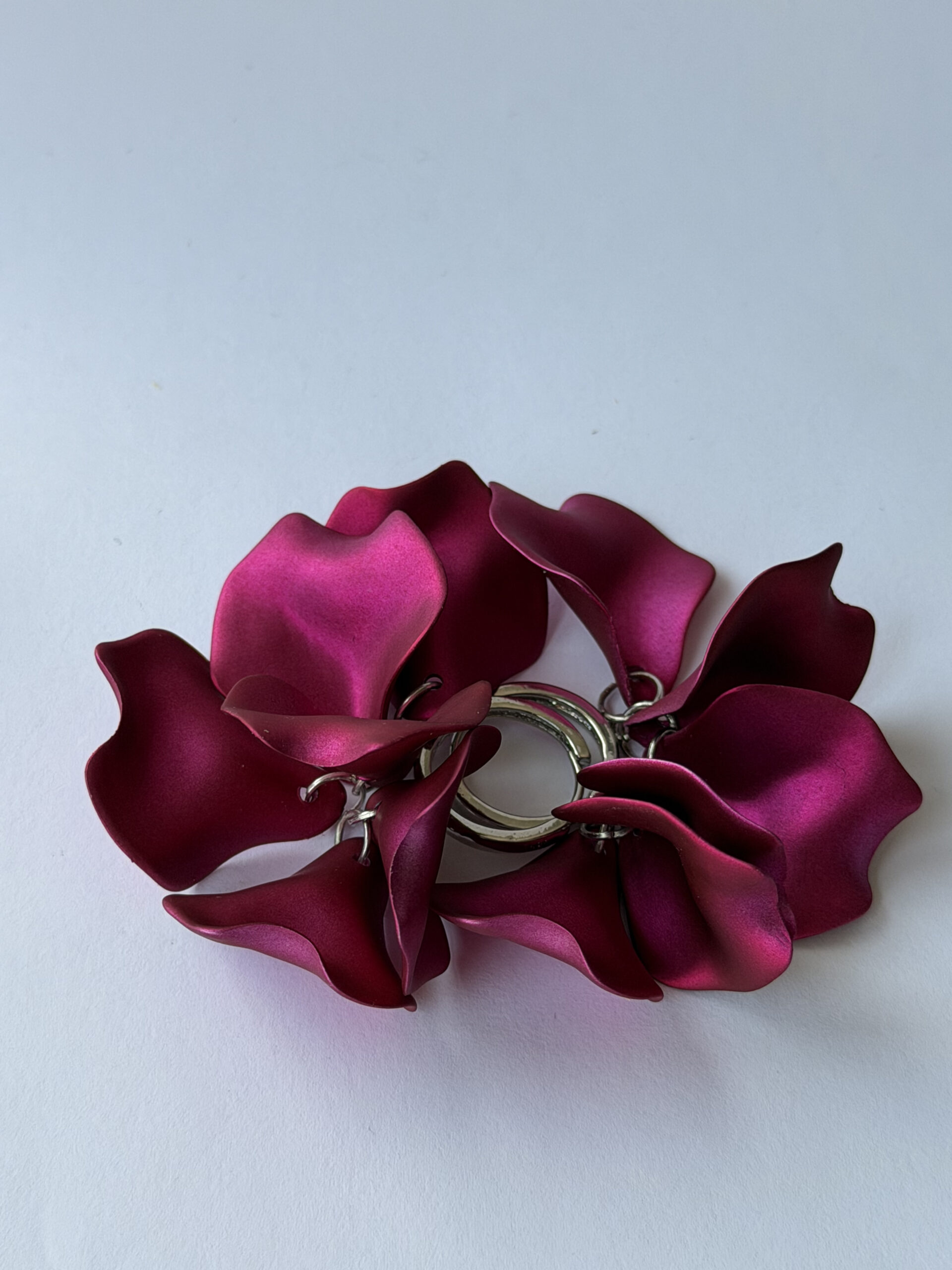 Fuchsia Petal Hoop Earrings – Satin Magenta Flower Petal Cluster on Silver-Tone Hoops — view 5