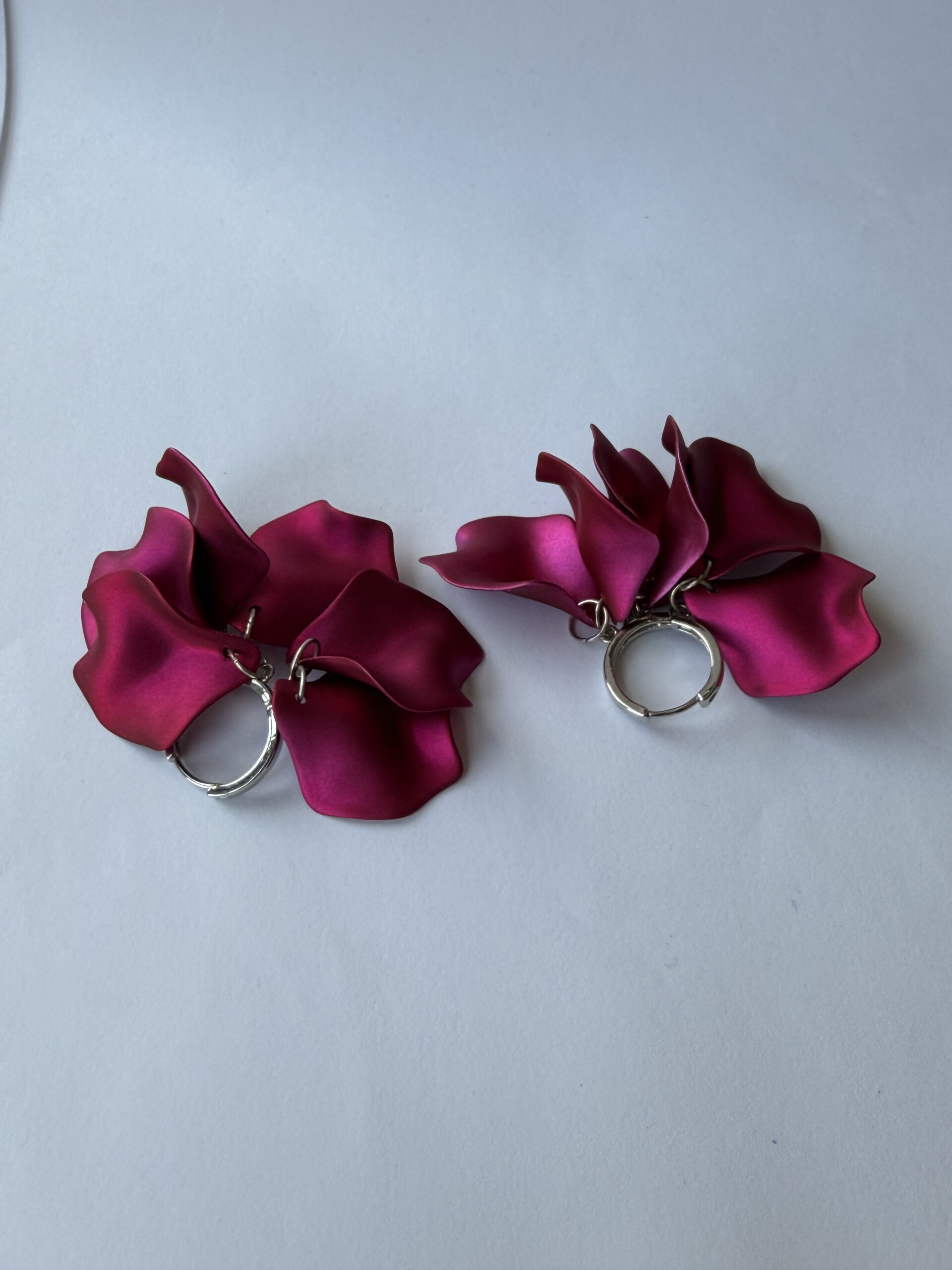 Fuchsia Petal Hoop Earrings – Satin Magenta Flower Petal Cluster on Silver-Tone Hoops — view 6