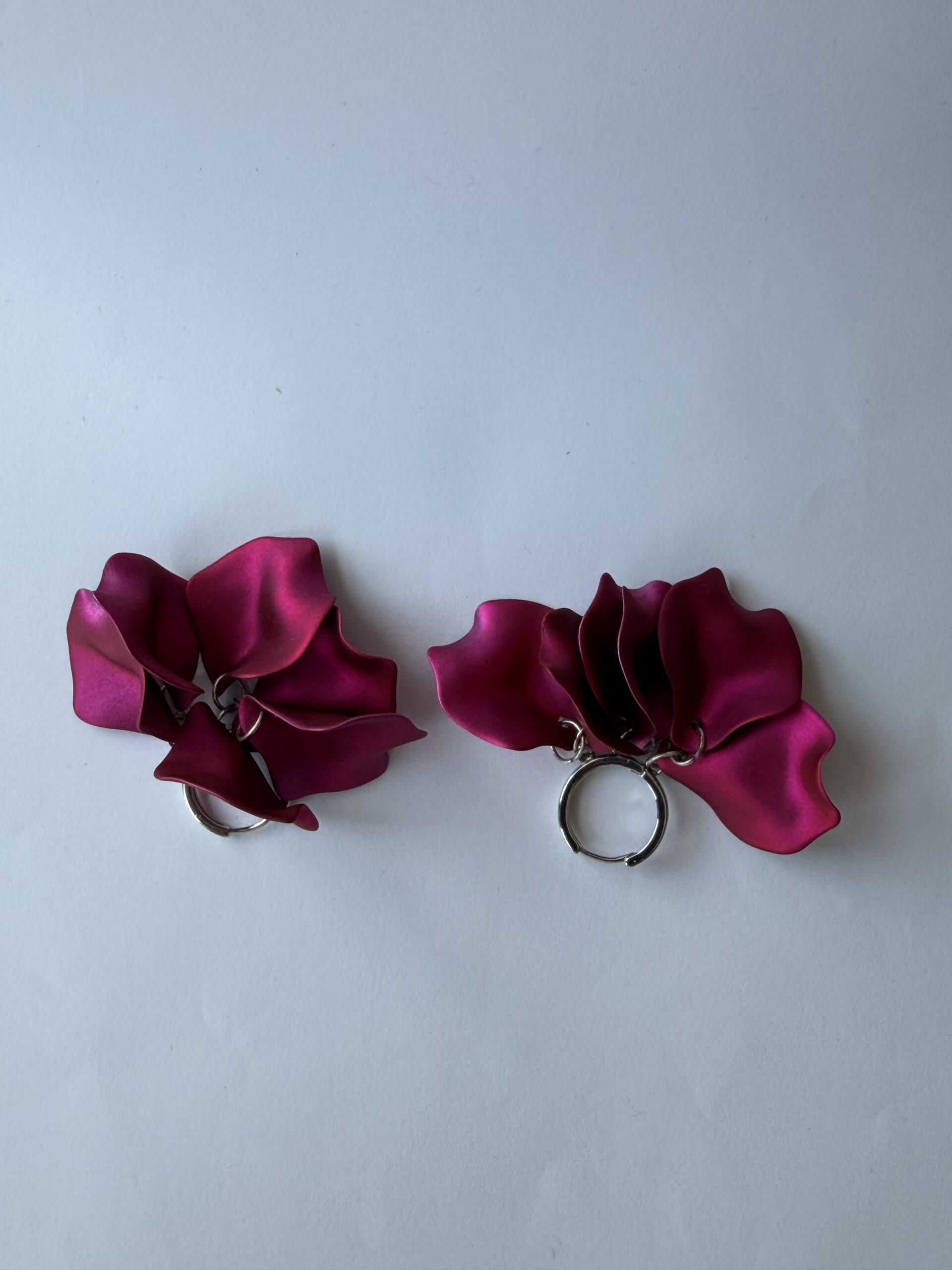 Fuchsia Petal Hoop Earrings – Satin Magenta Flower Petal Cluster on Silver-Tone Hoops — view 7