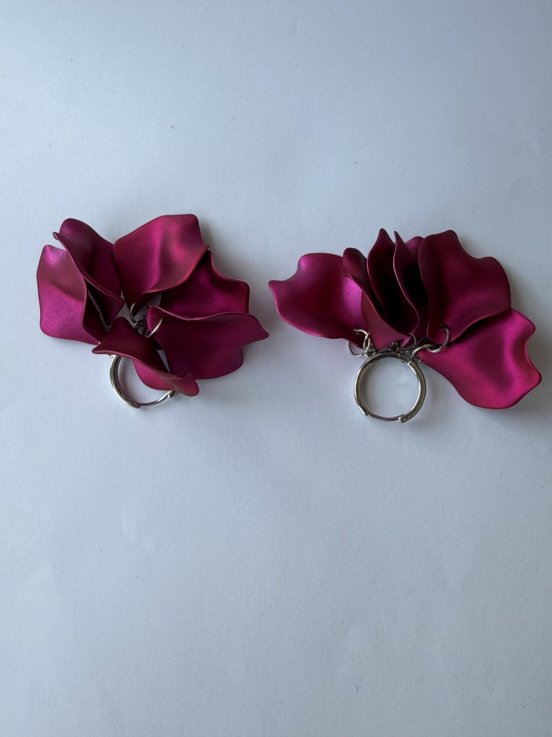 Fuchsia Petal Hoop Earrings – Satin Magenta Flower Petal Cluster on Silver-Tone Hoops — view 8