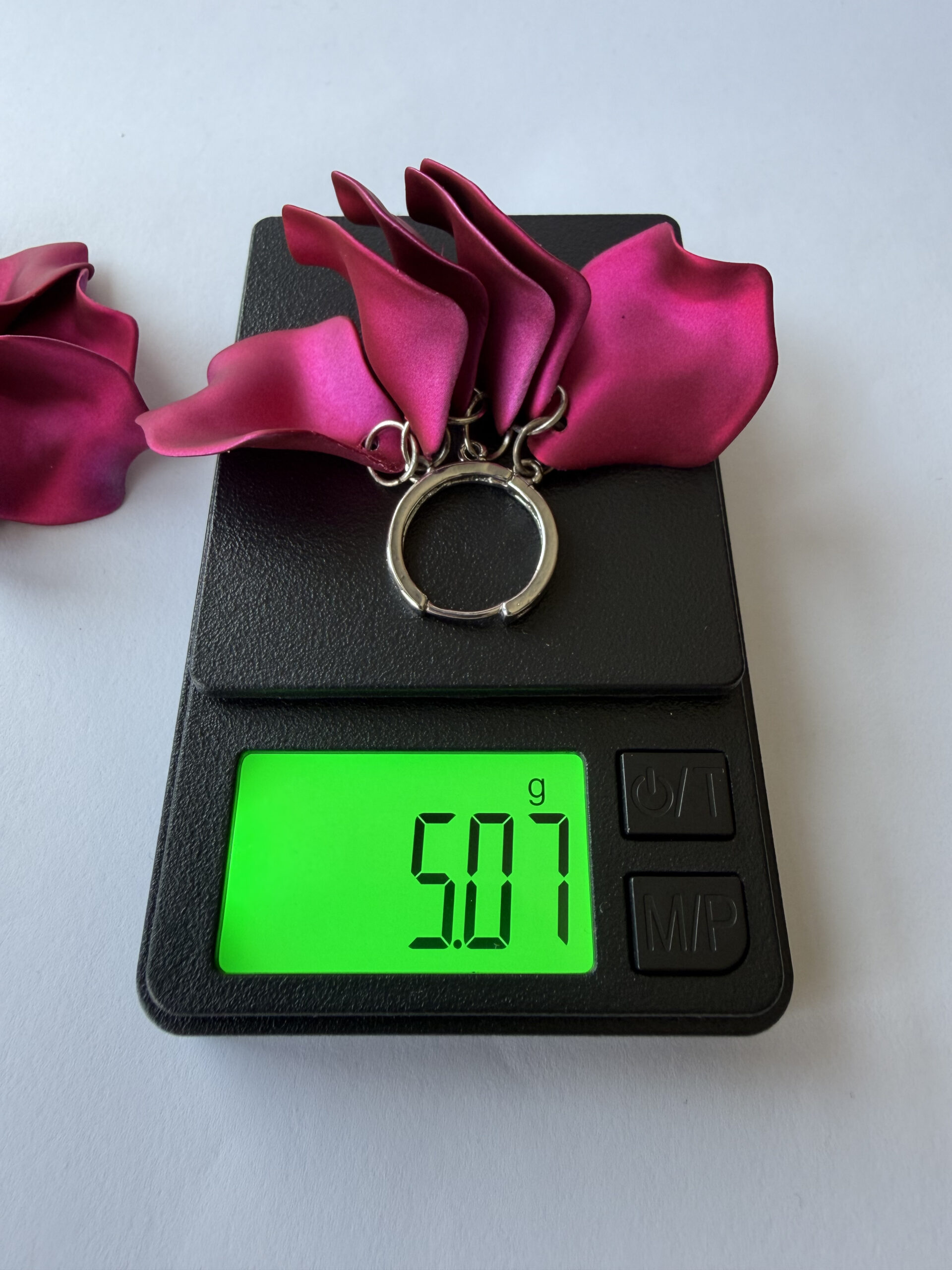 Fuchsia Petal Hoop Earrings – Satin Magenta Flower Petal Cluster on Silver-Tone Hoops — view 9