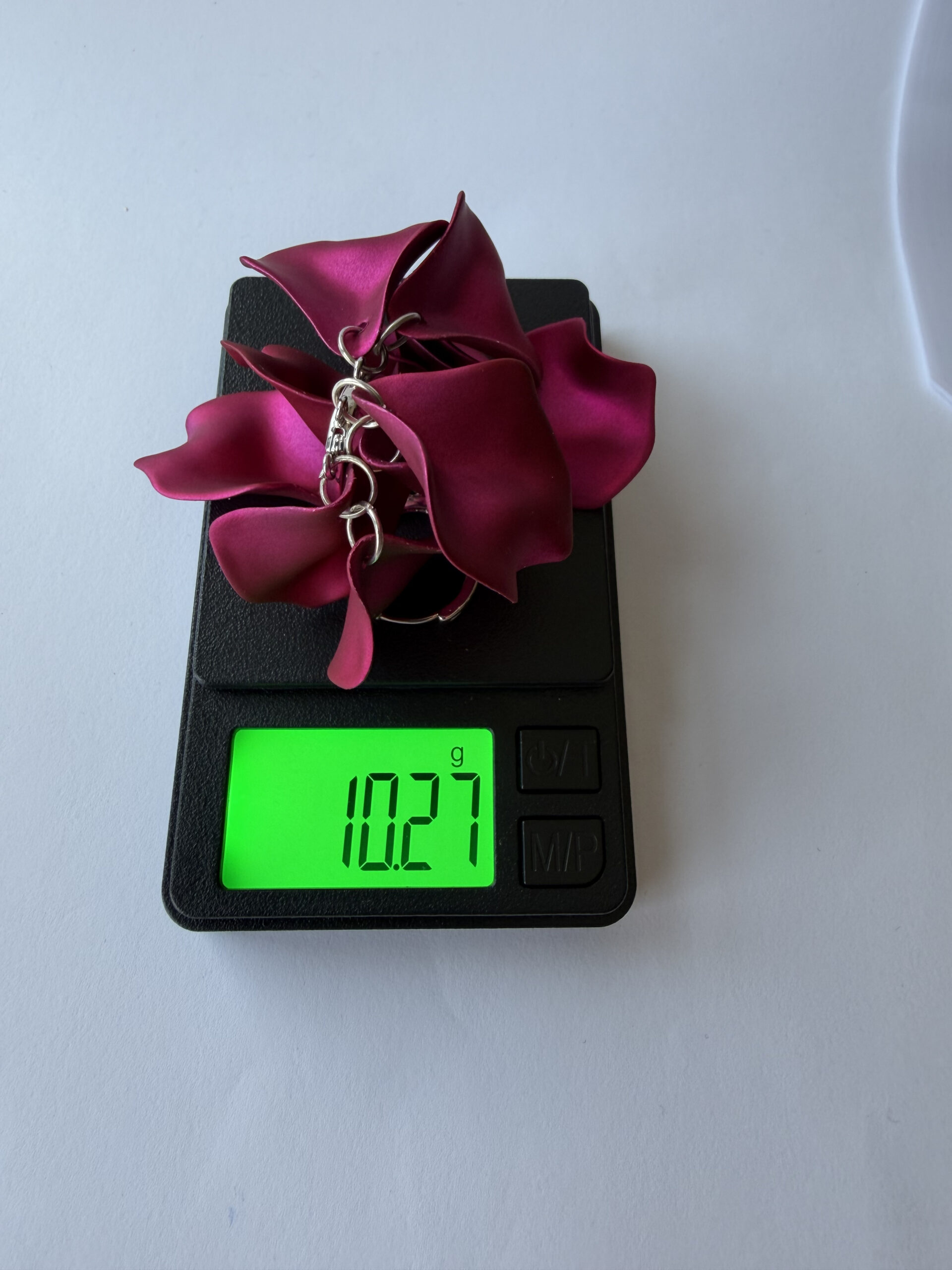 Fuchsia Petal Hoop Earrings – Satin Magenta Flower Petal Cluster on Silver-Tone Hoops — view 10