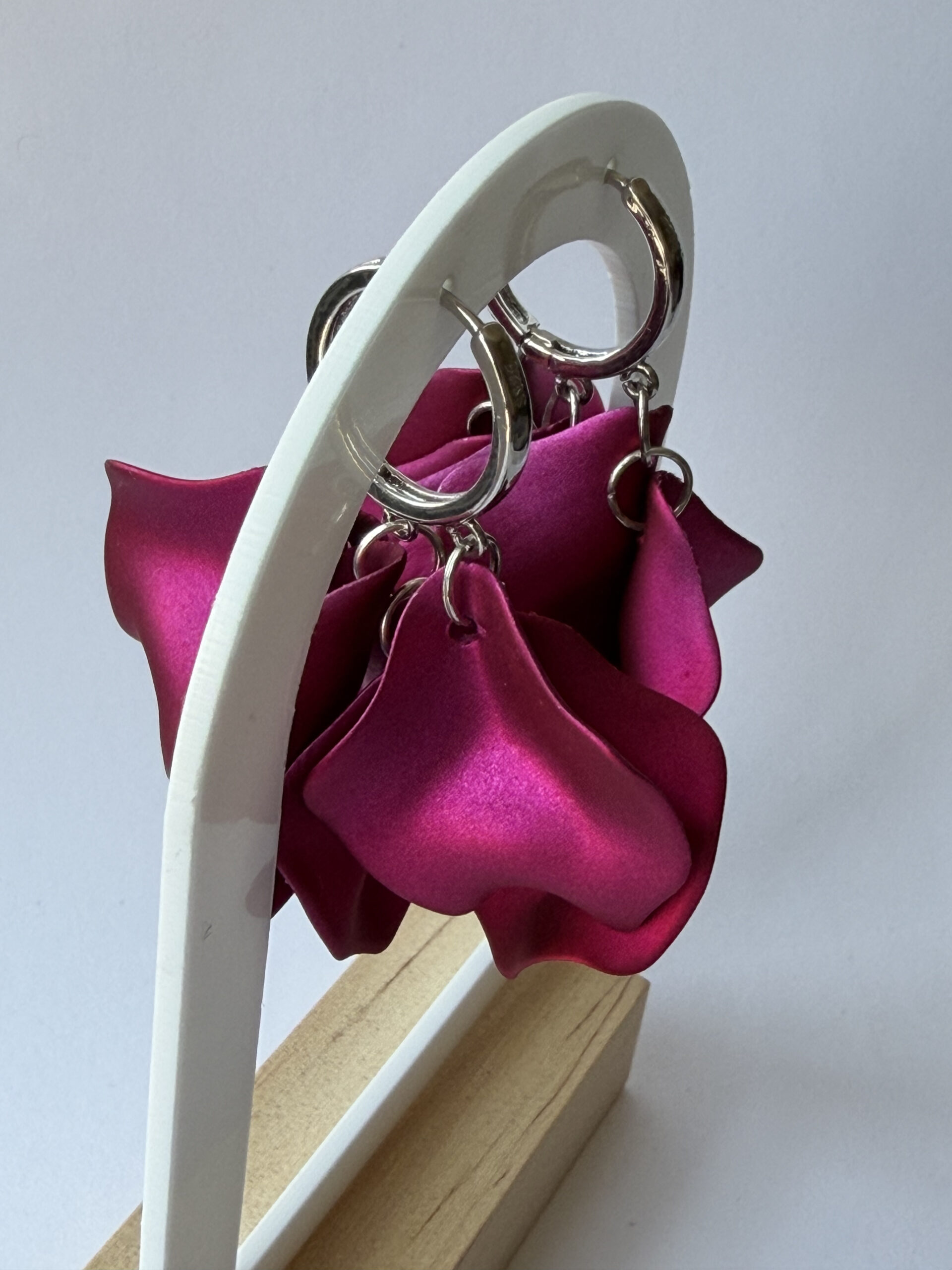 Fuchsia Petal Hoop Earrings – Satin Magenta Flower Petal Cluster on Silver-Tone Hoops — view 11