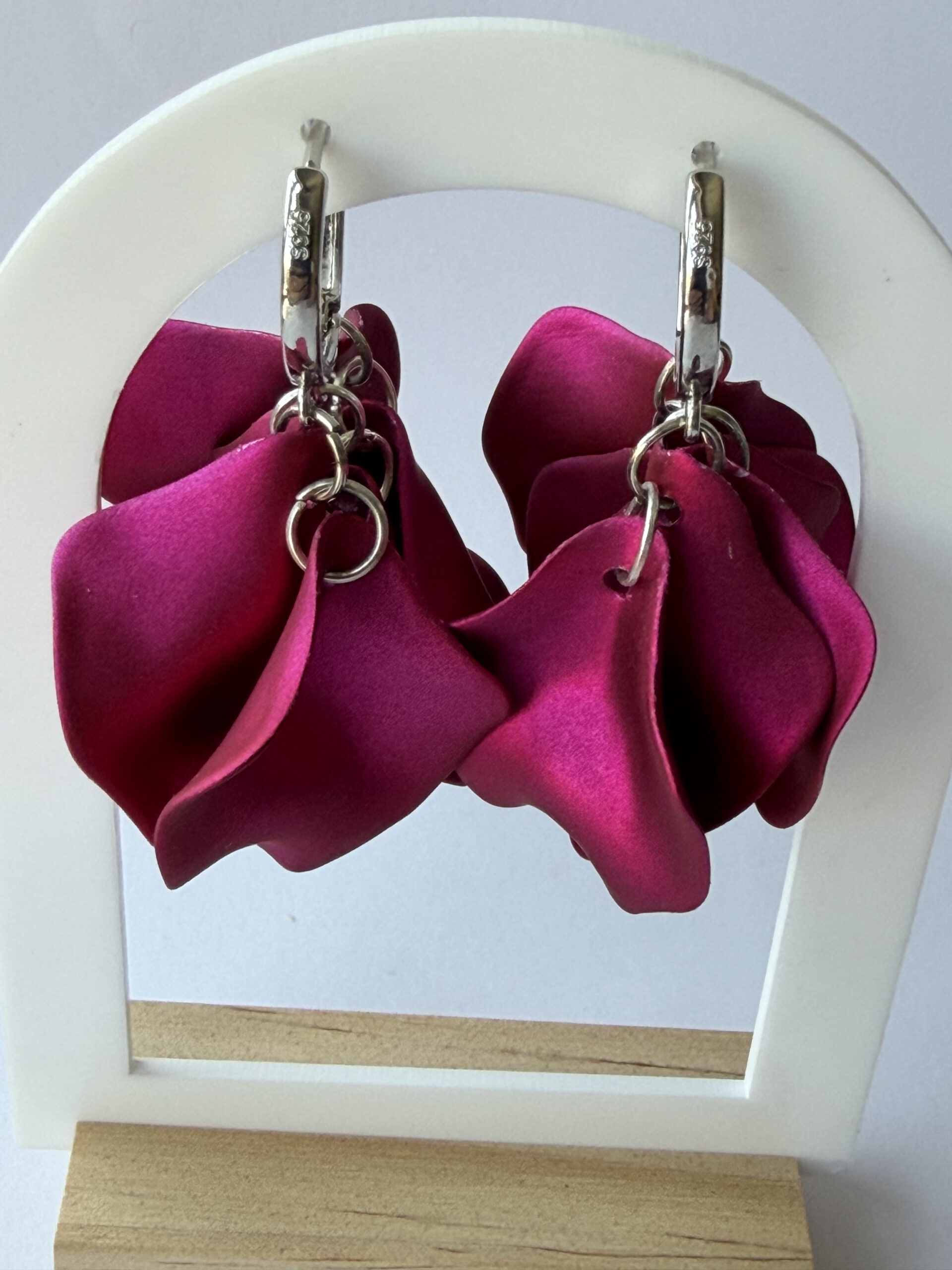Fuchsia Petal Hoop Earrings – Satin Magenta Flower Petal Cluster on Silver-Tone Hoops — view 12