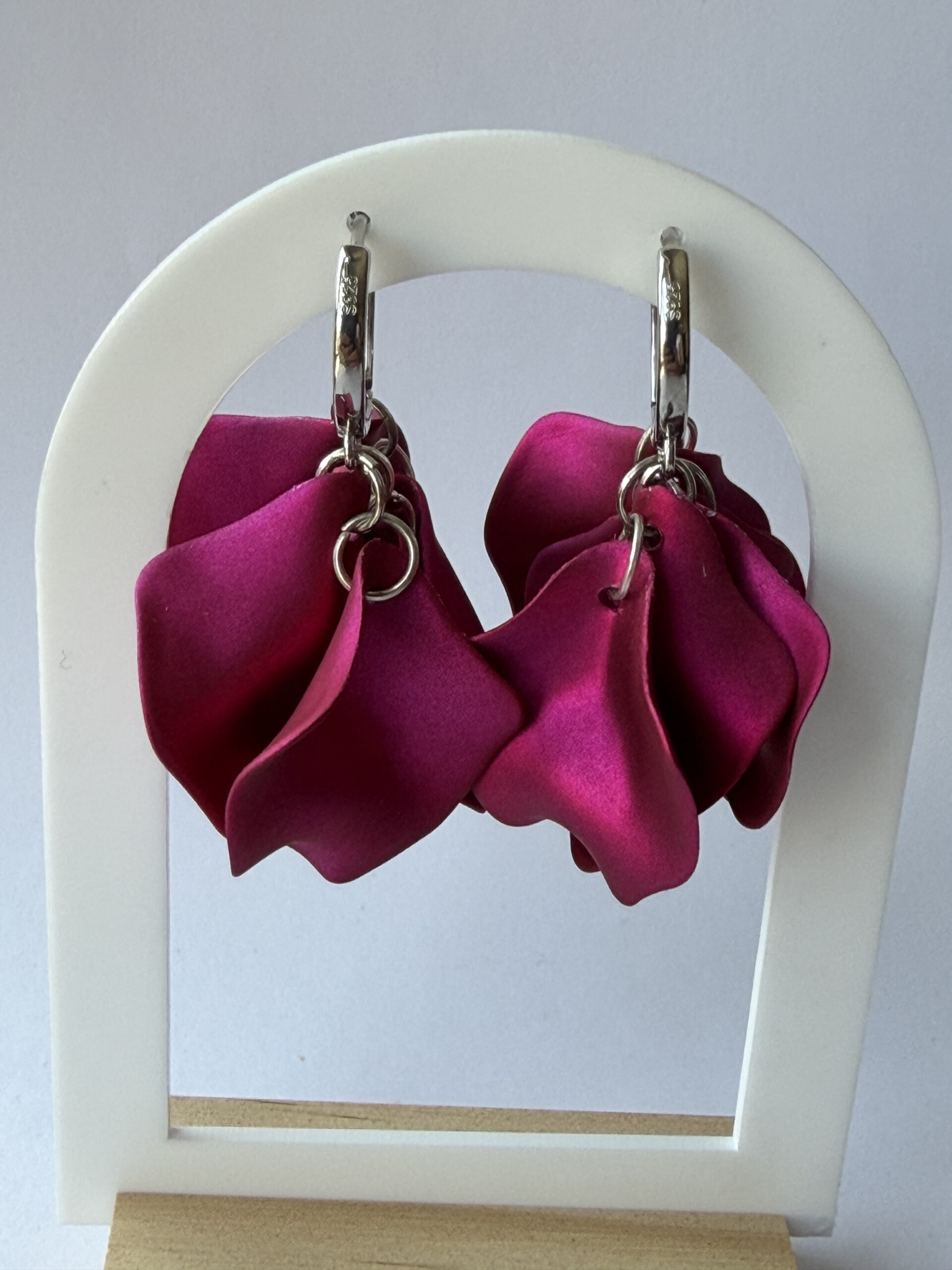 Fuchsia Petal Hoop Earrings – Satin Magenta Flower Petal Cluster on Silver-Tone Hoops — view 13