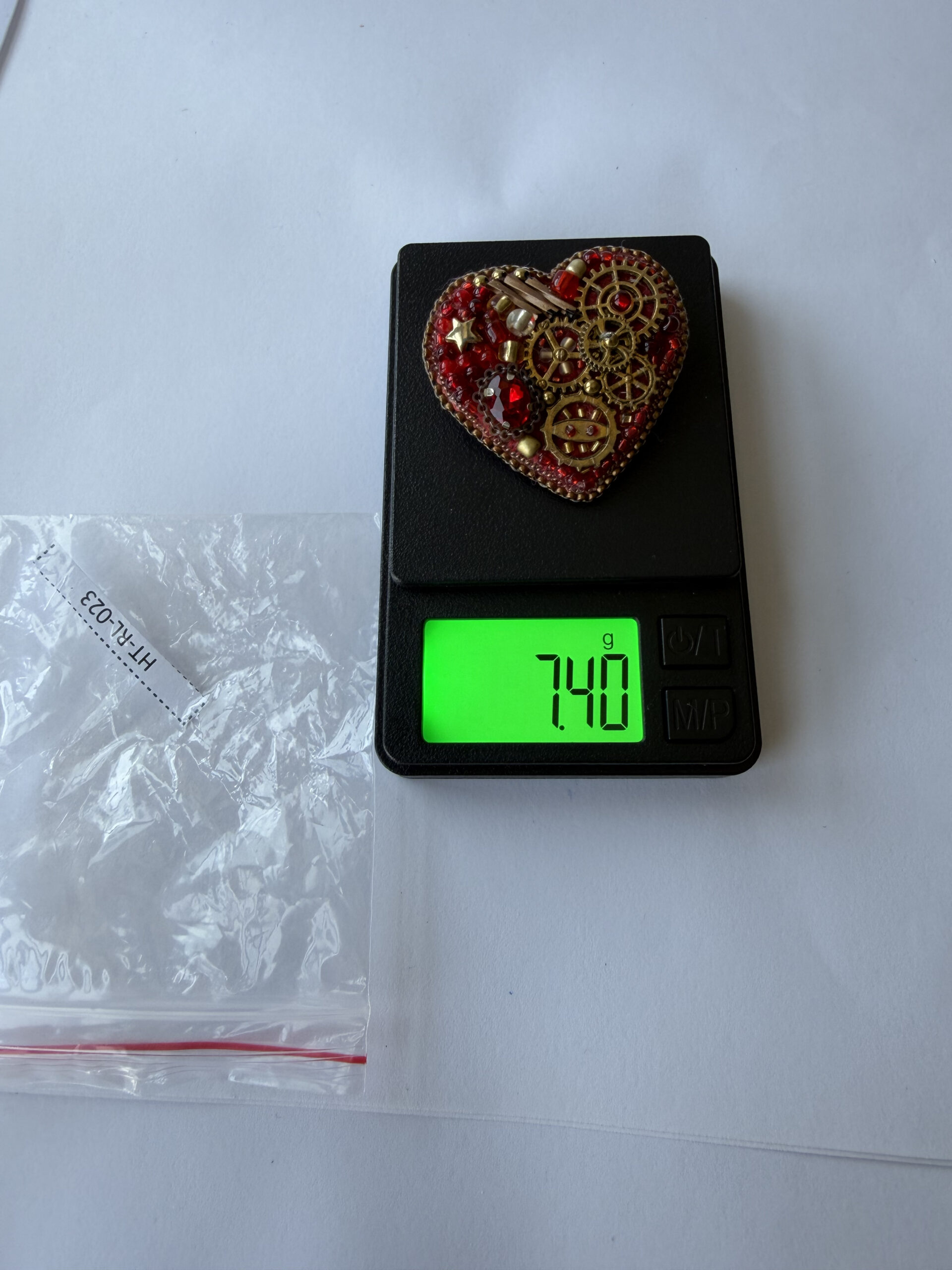 Red Steampunk Heart Brooch with Watch Movement Gears – Hand Embroidered Crystal Pin — view 1