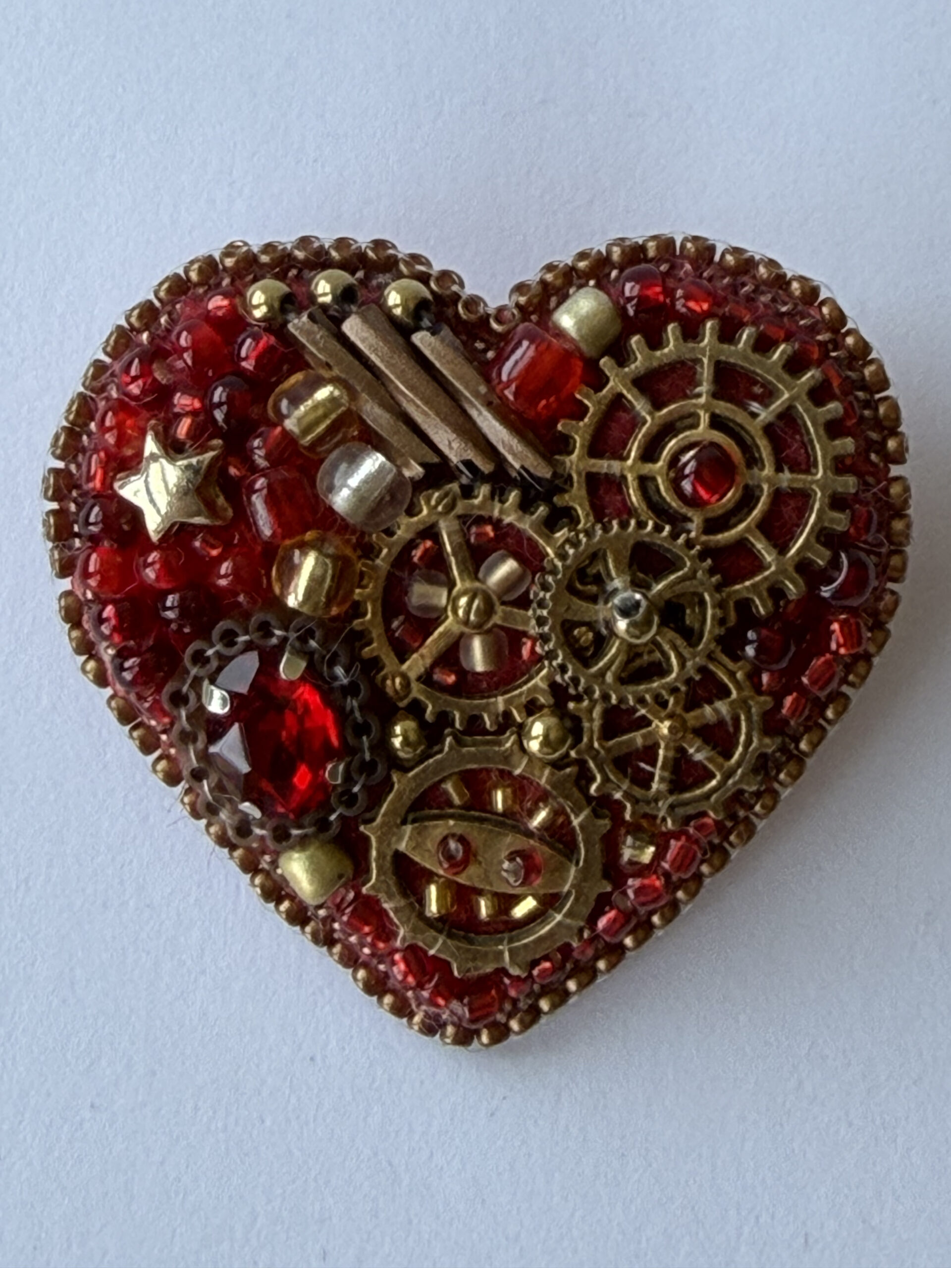 Red Steampunk Heart Brooch with Watch Movement Gears – Hand Embroidered Crystal Pin — view 2