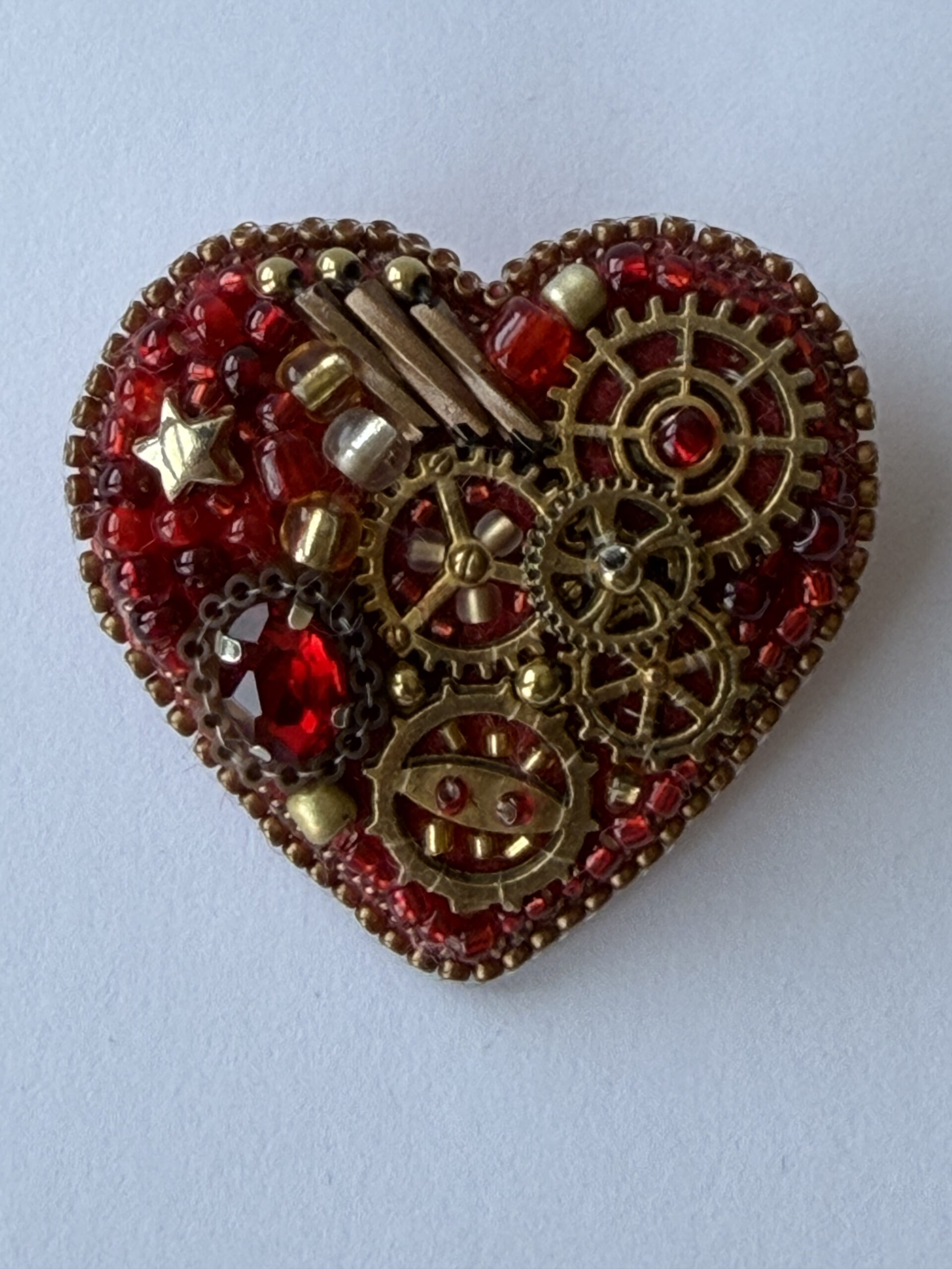 Red Steampunk Heart Brooch with Watch Movement Gears – Hand Embroidered Crystal Pin — view 3