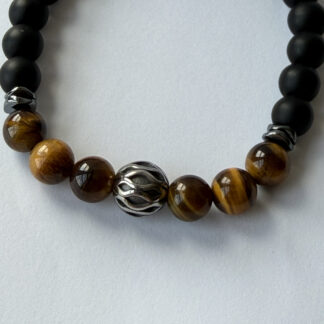 Tiger Eye and Matte Onyx Stretch Bracelet for Men, Filigree Bead, 8 mm — featured image