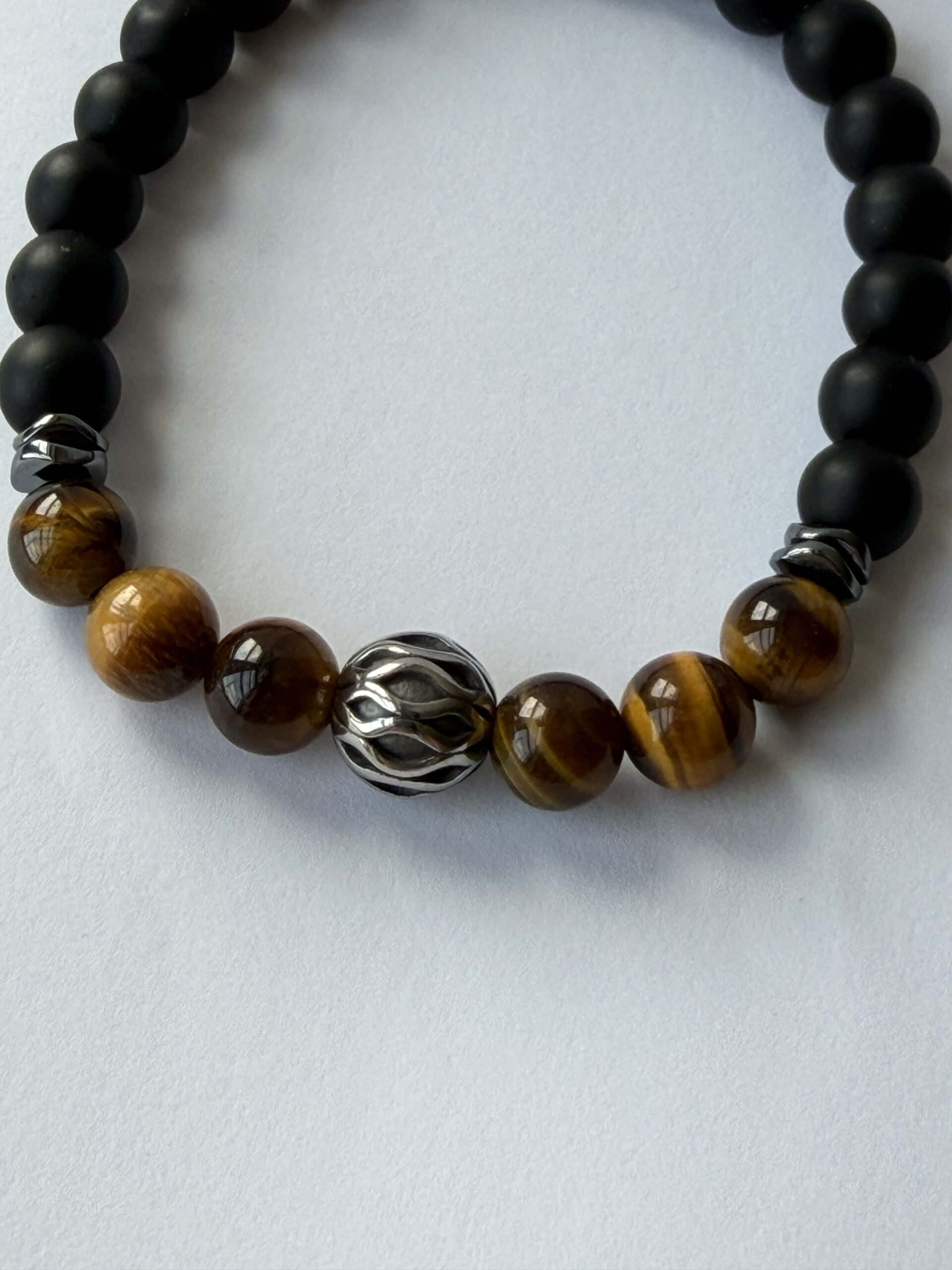 Tiger Eye and Matte Onyx Stretch Bracelet for Men, Filigree Bead, 8 mm — featured image