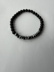 Matte Black and Metallic-Gray Stretch Bracelet for Men, Faceted Spacers, 6 mm — lifestyle photo
