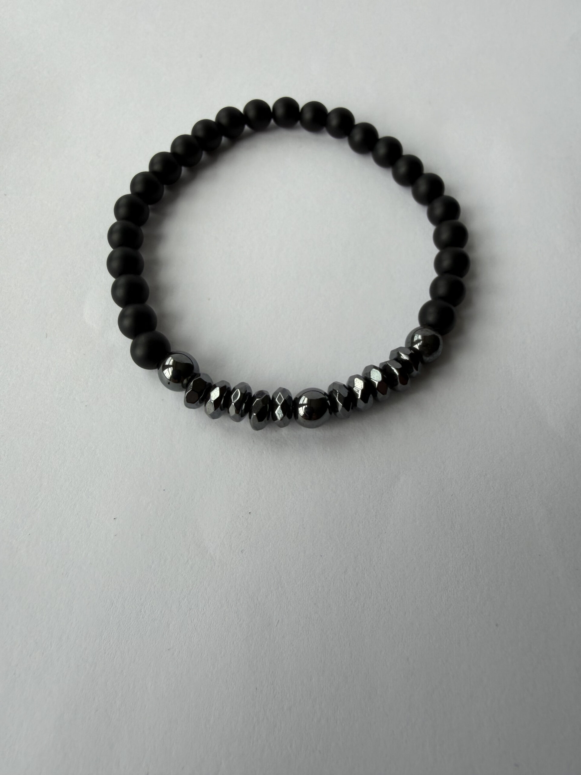 Matte Black Onyx and Hematite Stretch Bracelet for Men, Faceted Spacers, 6 mm — featured image