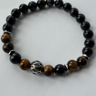 Blue and Gold Tiger Eye Stretch Bracelet for Men, 8 mm Filigree Accent — featured image