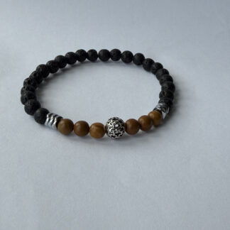 Black Lava Stone and Wood Jasper Bracelet for Men, Stretch with Filigree Bead — featured image
