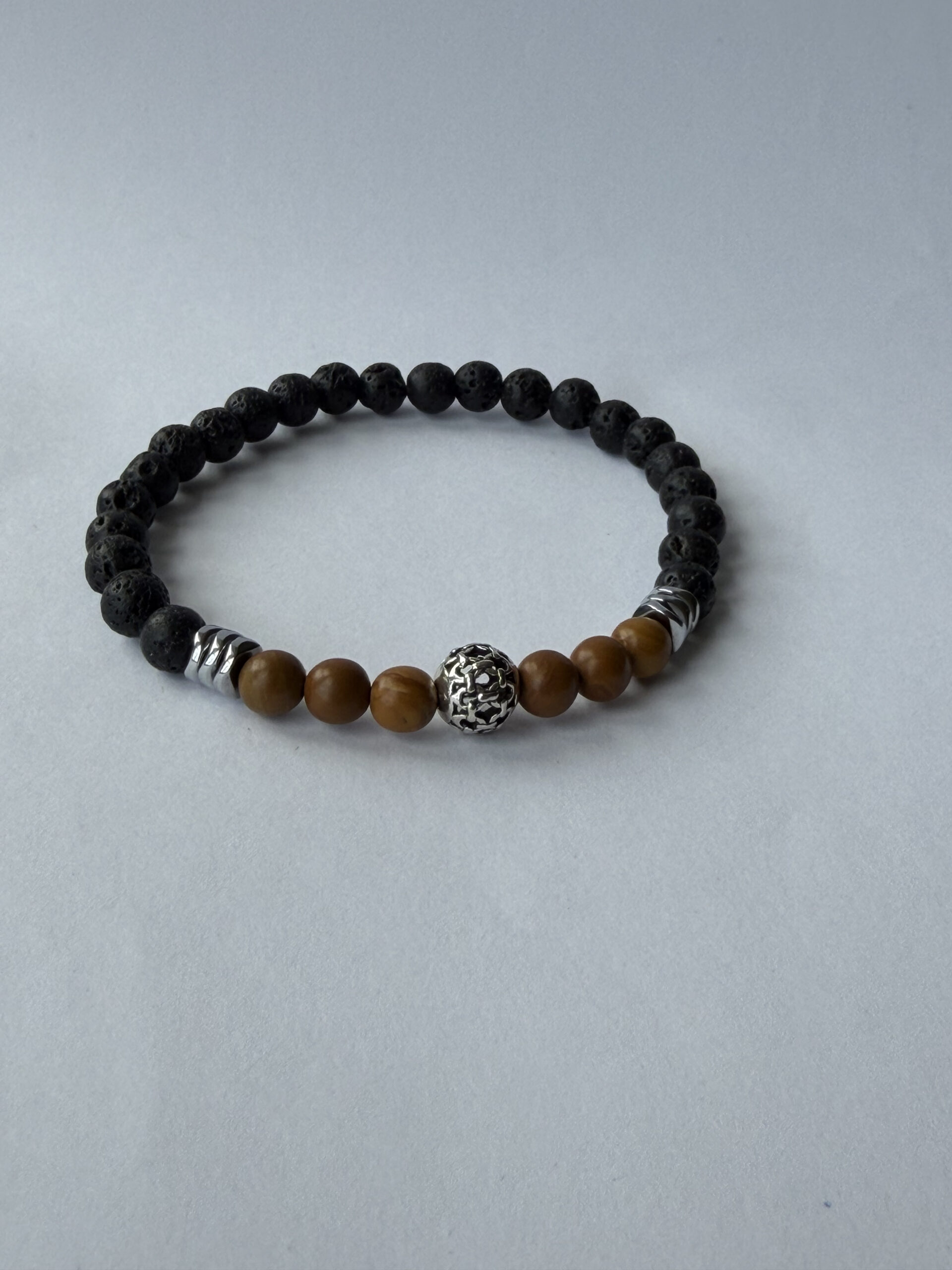 Black Lava Stone and Wood Jasper Bracelet for Men, Stretch with Filigree Bead — featured image