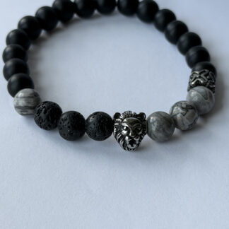 Lion Head Bracelet for Men – Matte Onyx, Lava and Grey Jasper, 8 mm Stretch — featured image