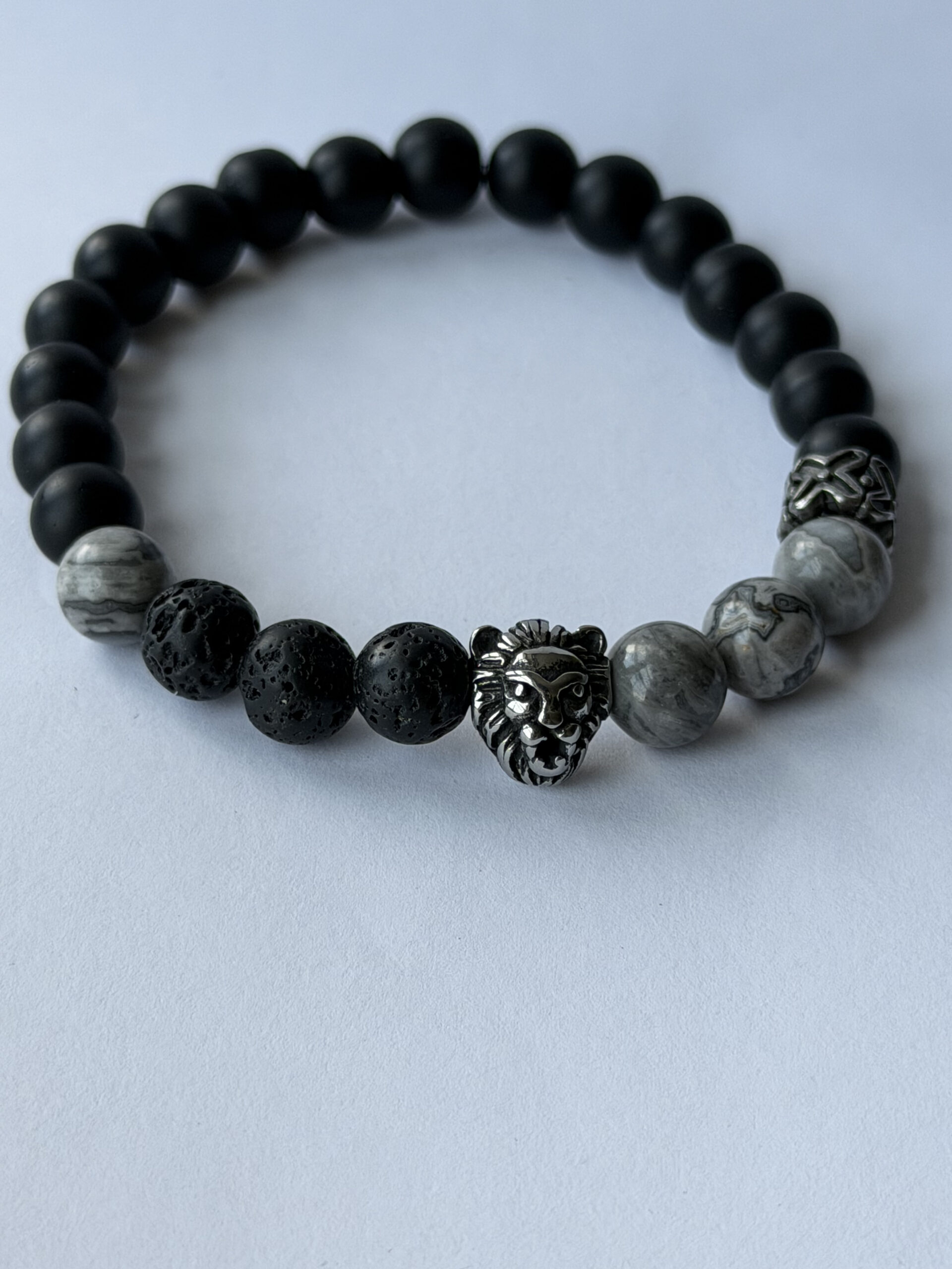 Lion Head Bracelet for Men – Matte Onyx, Lava and Grey Jasper, 8 mm Stretch — featured image