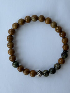 Brown, Green and Red Beaded Bracelet for Men, 8 mm Stretch — lifestyle photo