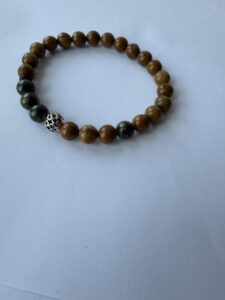 Brown, Green and Red Beaded Stretch Bracelet for Men, 8 mm — lifestyle photo