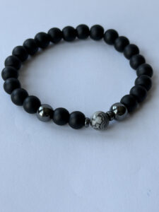 Matte Black and Gray Beaded Bracelet for Men, 8 mm Stretch — lifestyle photo