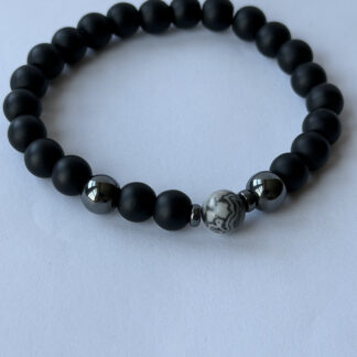Matte Black Onyx Bracelet for Men, Grey Jasper and Hematite, 8 mm Stretch — featured image