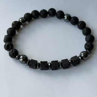 Black Lava Stone Stretch Bracelet for Men, Lava Cubes and Hematite, 8 mm — featured image