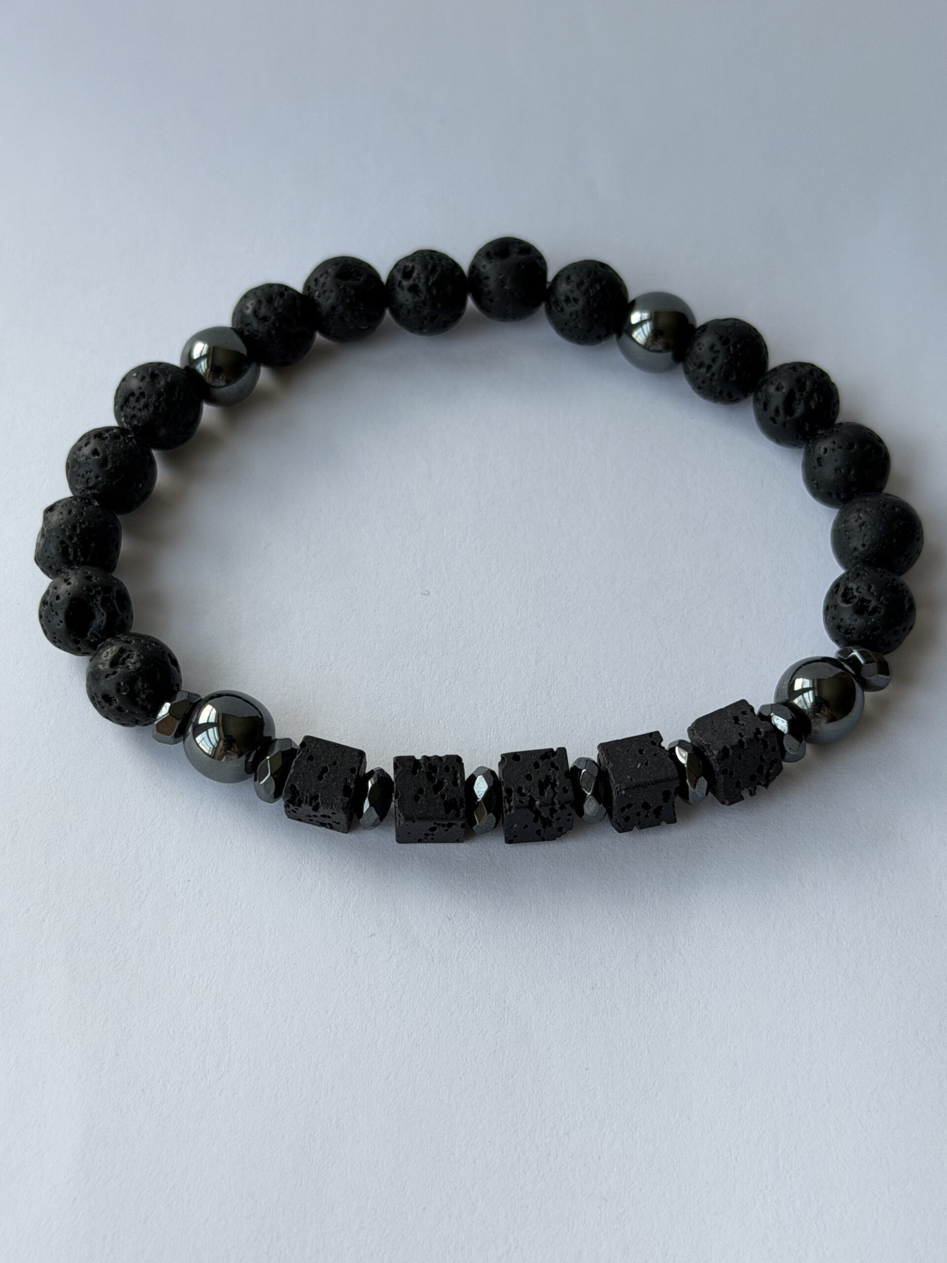 Black Lava Stone Stretch Bracelet for Men, Lava Cubes and Hematite, 8 mm — featured image